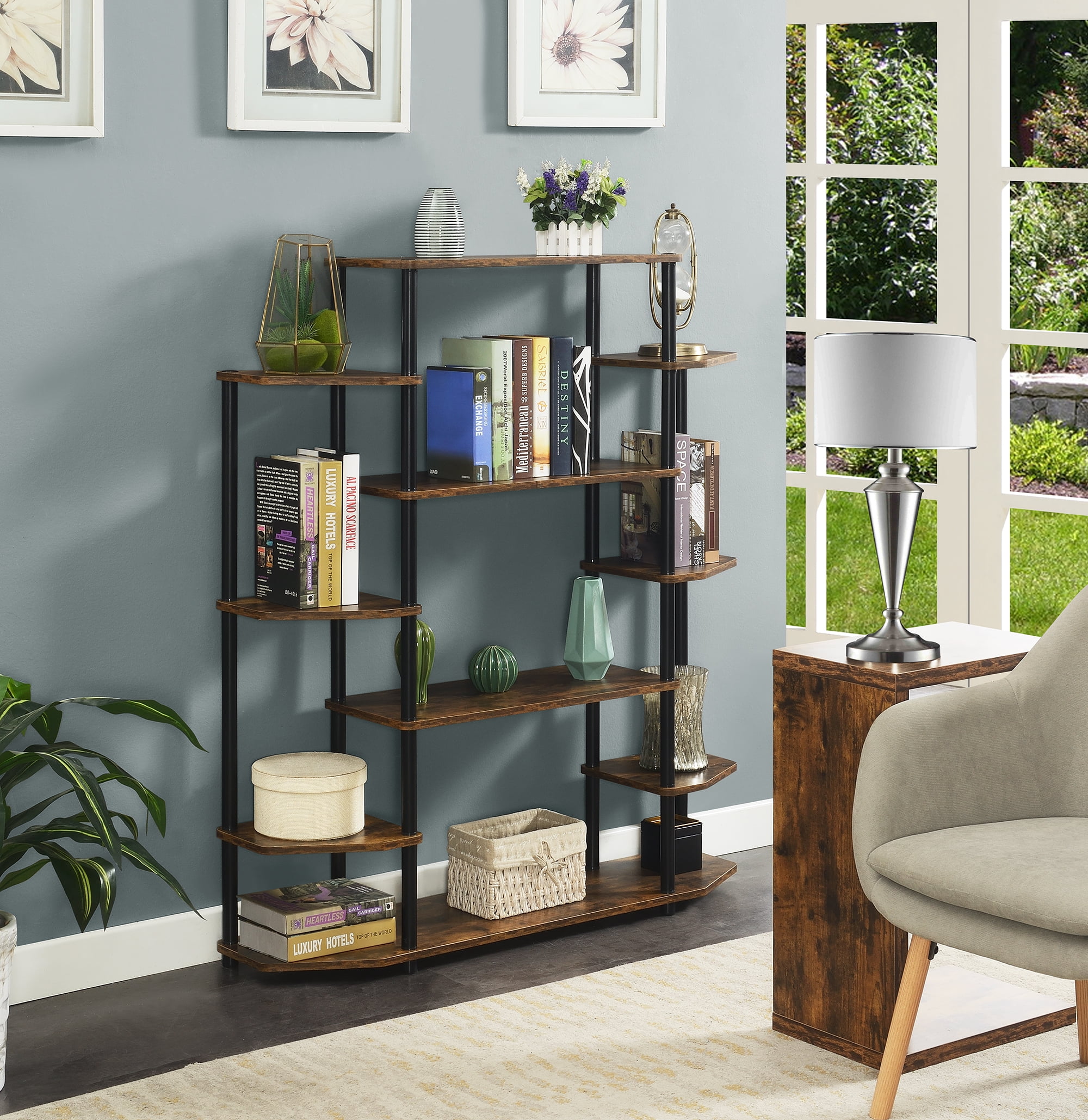 Convenience Concepts Designs2Go No Tools Wall Unit Bookshelf, Barnwood/Black Poles, All Ages