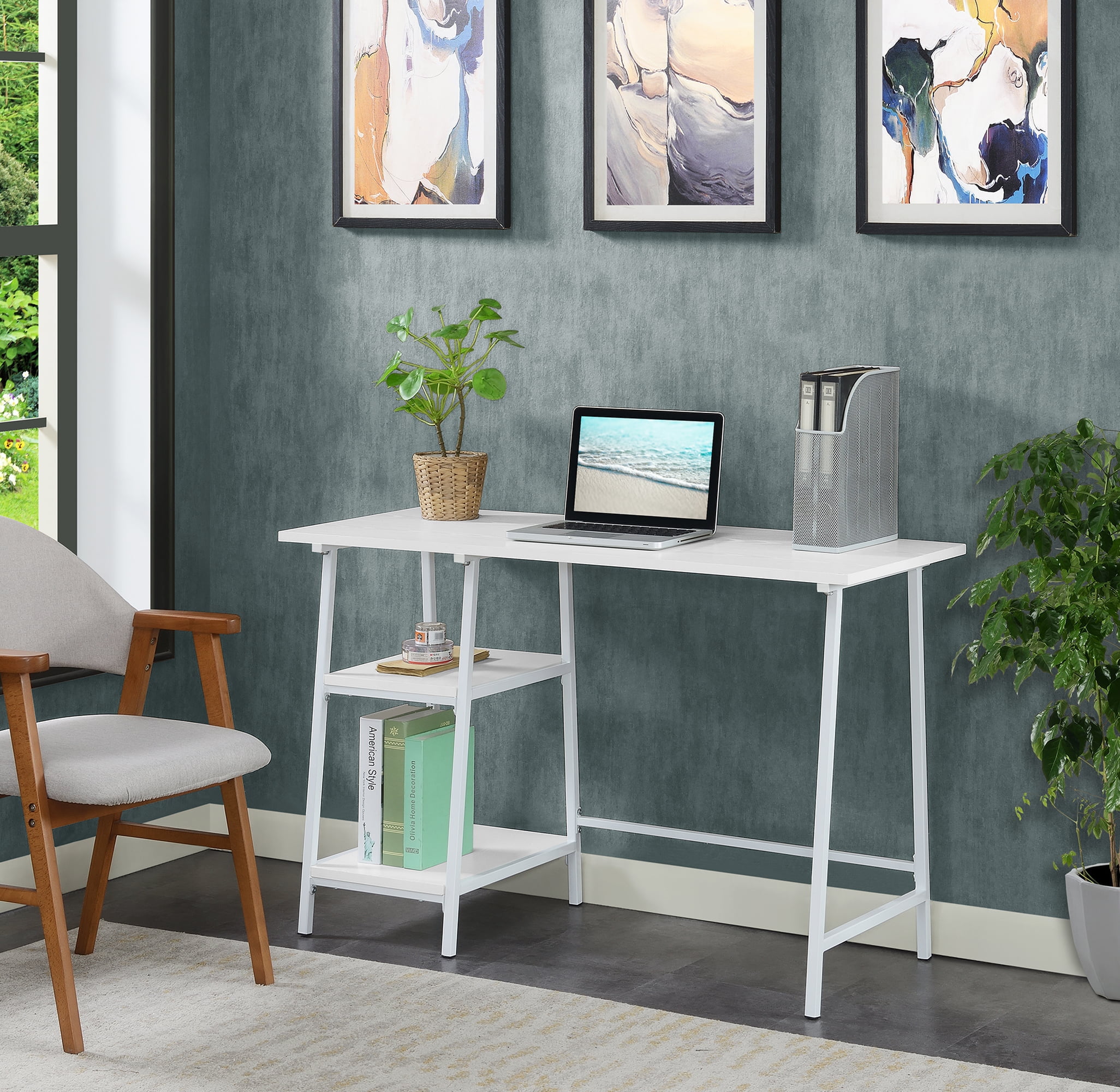 Convenience Concepts Designs2Go 29.25 in. Trestle Wood Metal Desk with Removable Shelves, White/White, All Ages