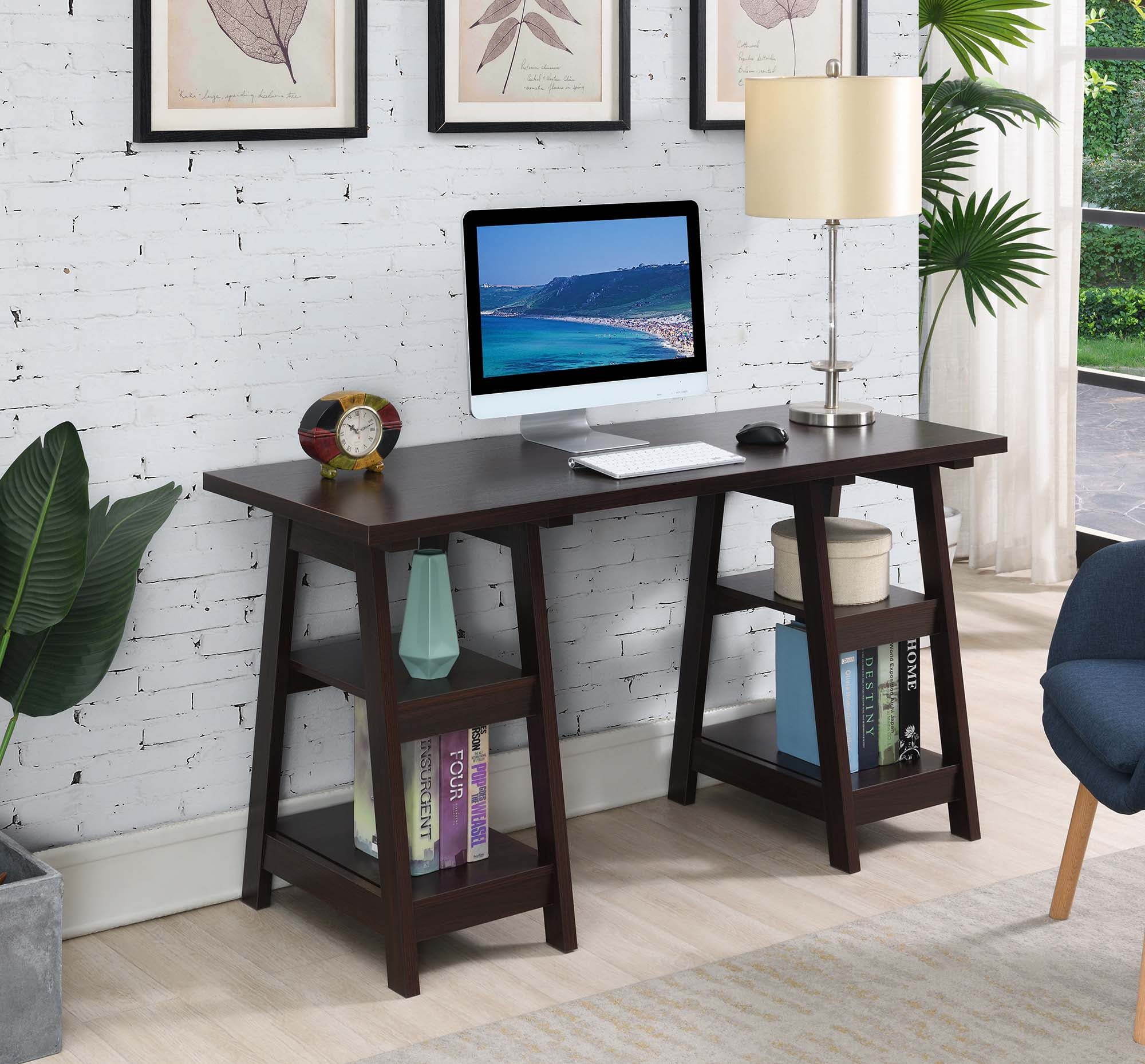 Convenience Concepts Designs2Go 29.25" Tall Double Trestle Desk with Shelves, Espresso, All Ages