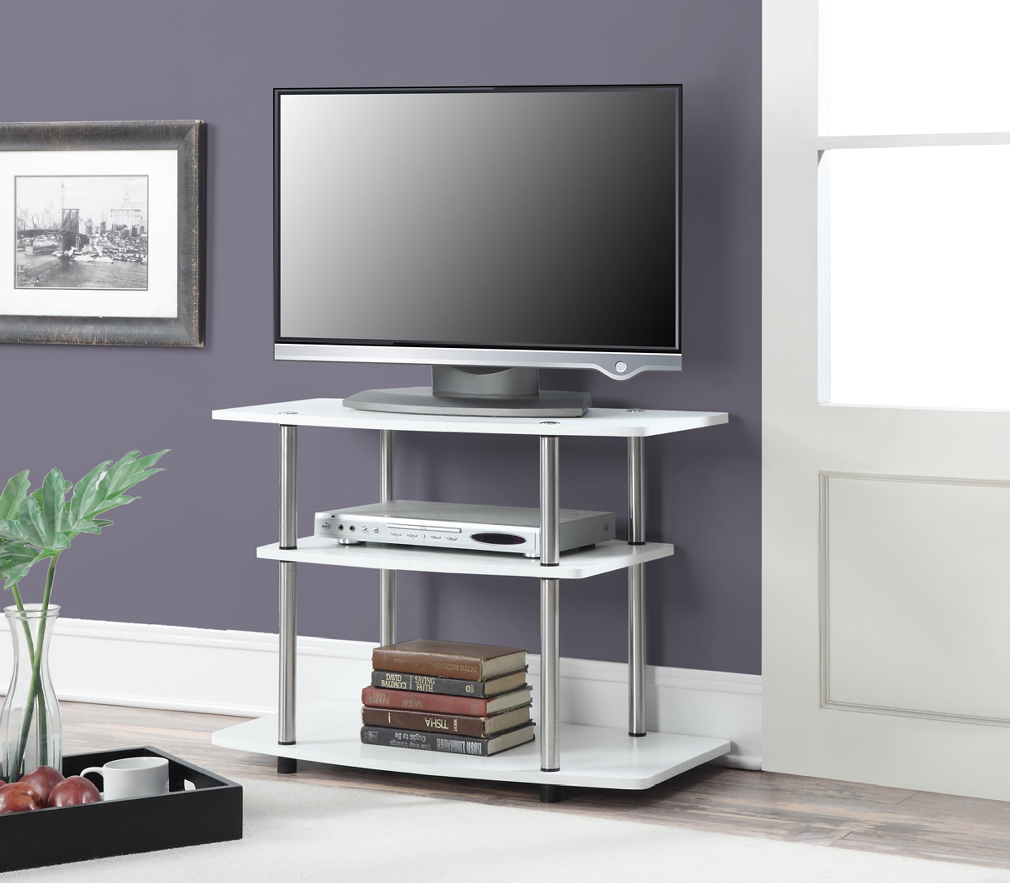 Convenience Concepts Designs2Go 32" Three-Tier TV Stand in White Wood Finish