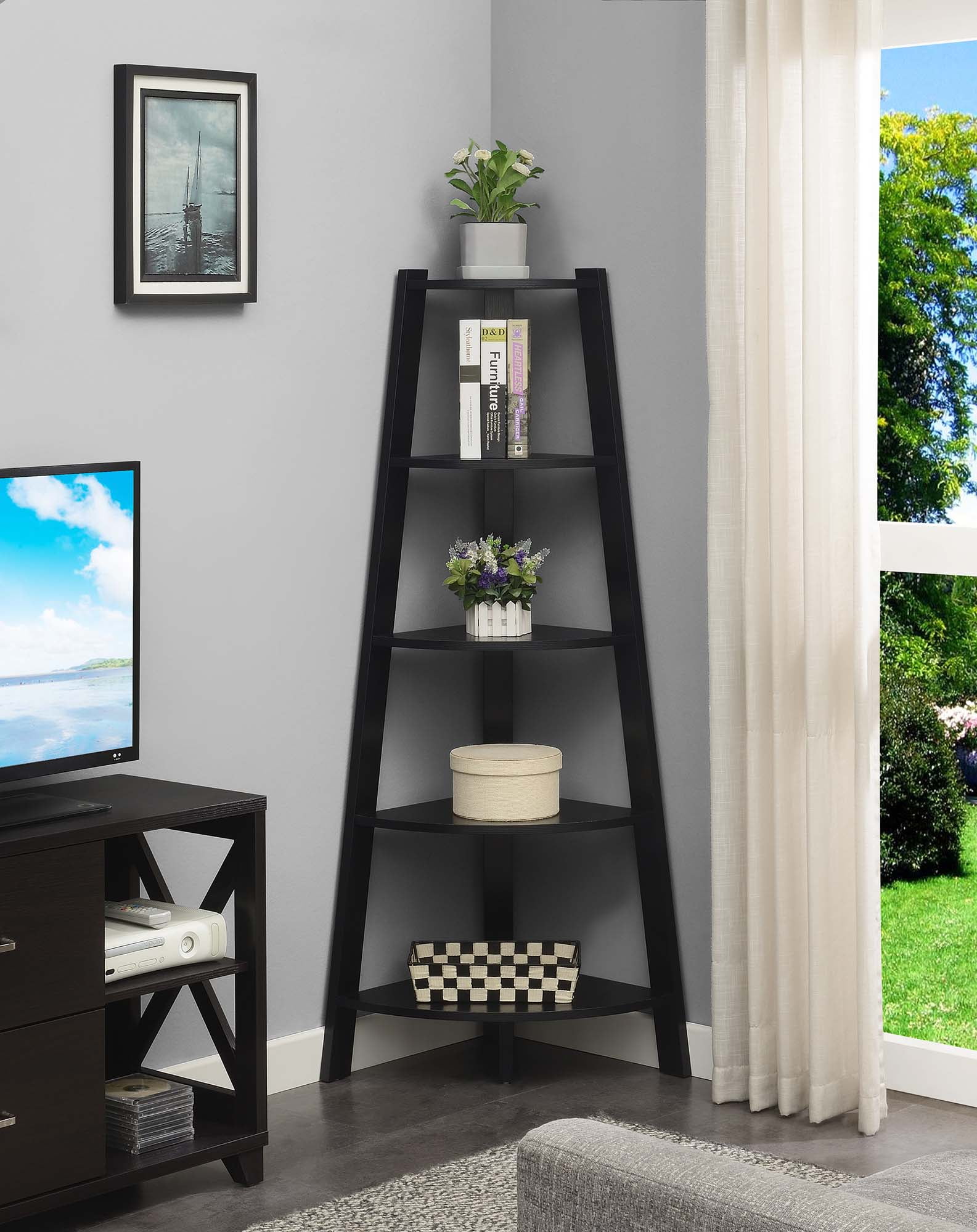 Convenience Concepts Newport 5 Tier Wide Corner Bookcase, Black