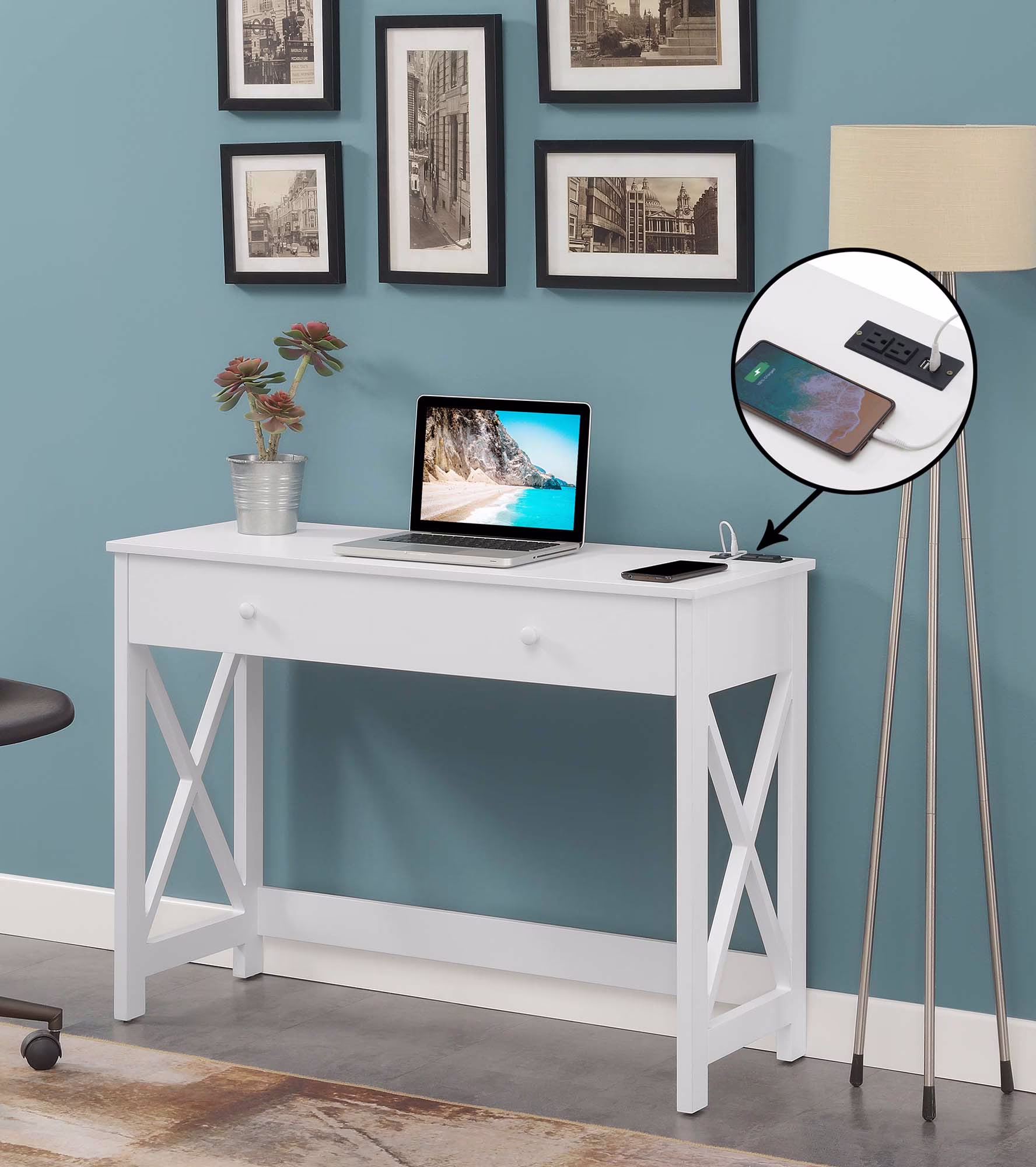 Convenience Concepts Oxford 1 Drawer 42 inch Desk with Charging Station, White