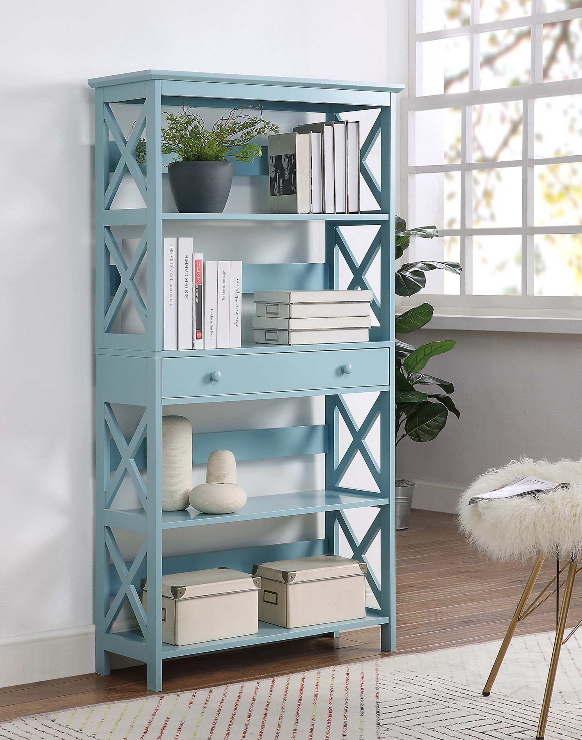 Convenience Concepts Oxford 5 Tier Bookcase with Drawer, Sea Foam Blue