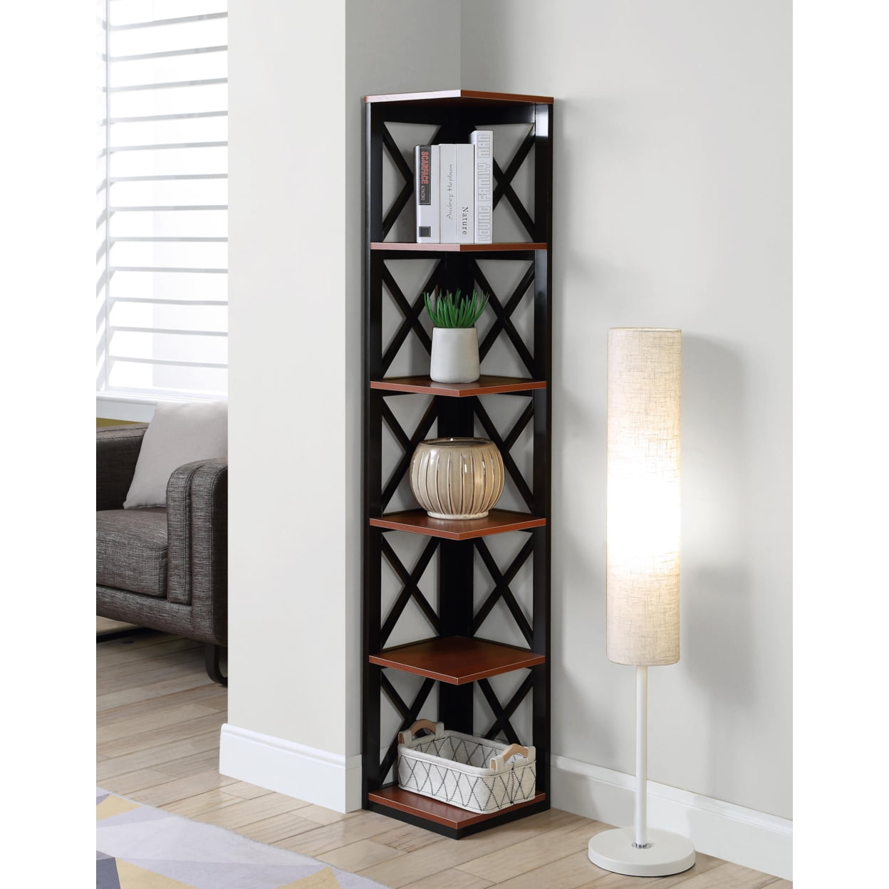 Convenience Concepts Oxford 5 Tier Corner Bookcase, Cherry and Black