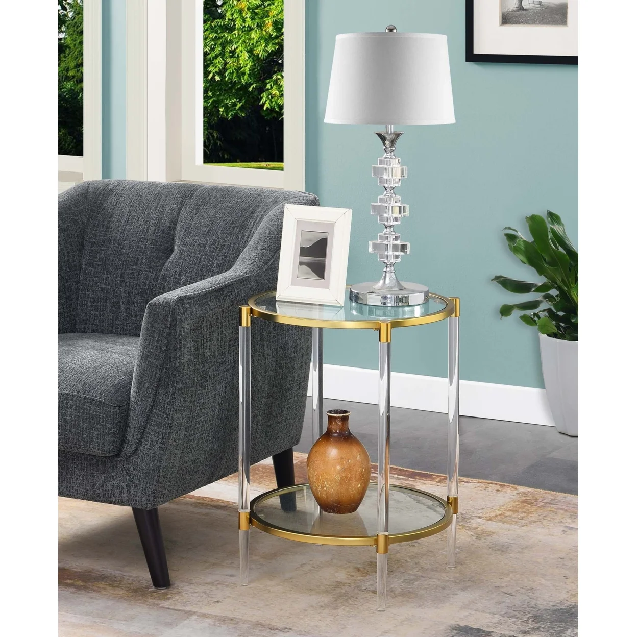 Convenience Concepts Royal Crest Acrylic Clear Glass End Table with Gold Frame