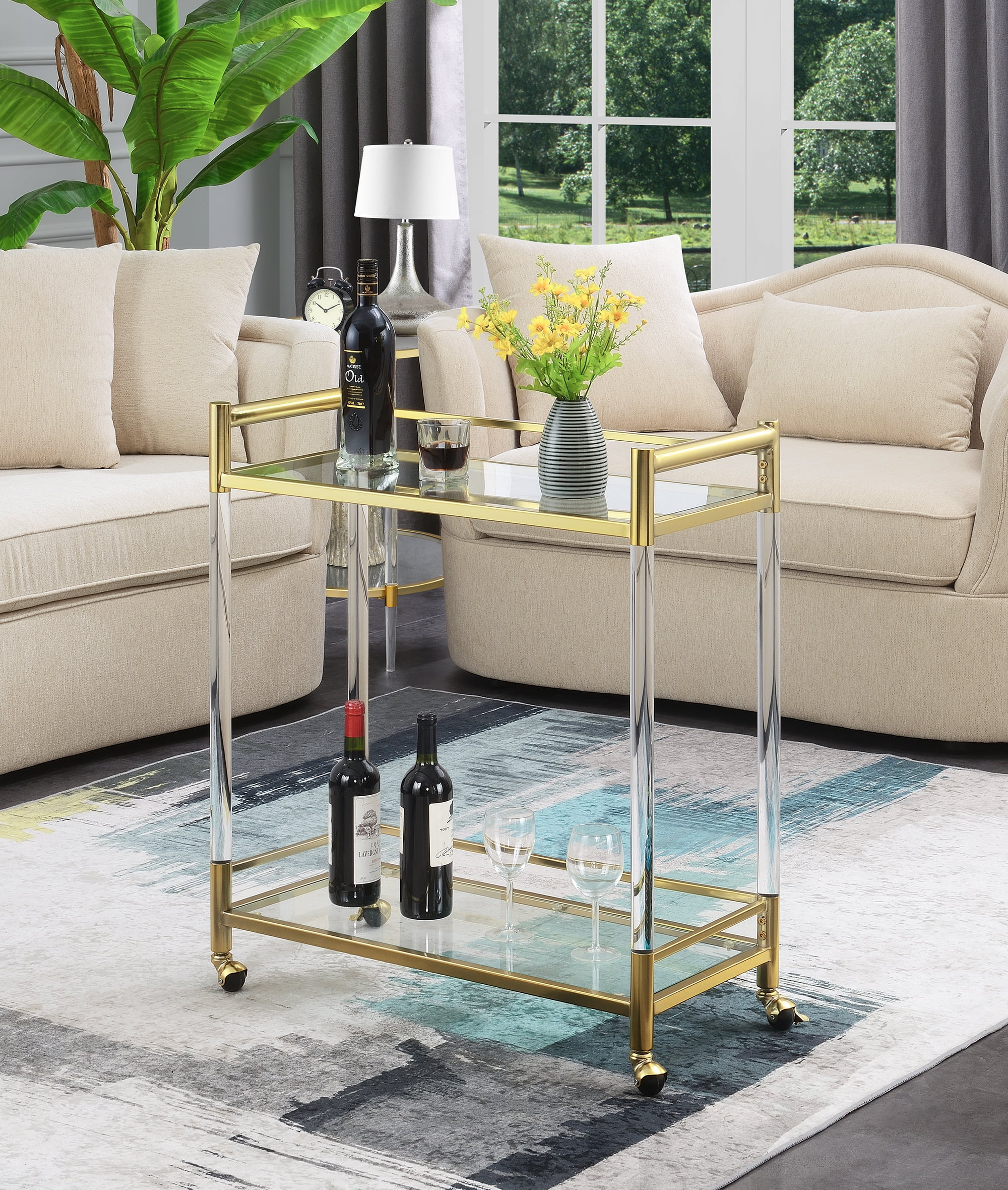 Convenience Concepts Royal Crest 2 Tier Acrylic Glass Bar Cart, Gold/Glass