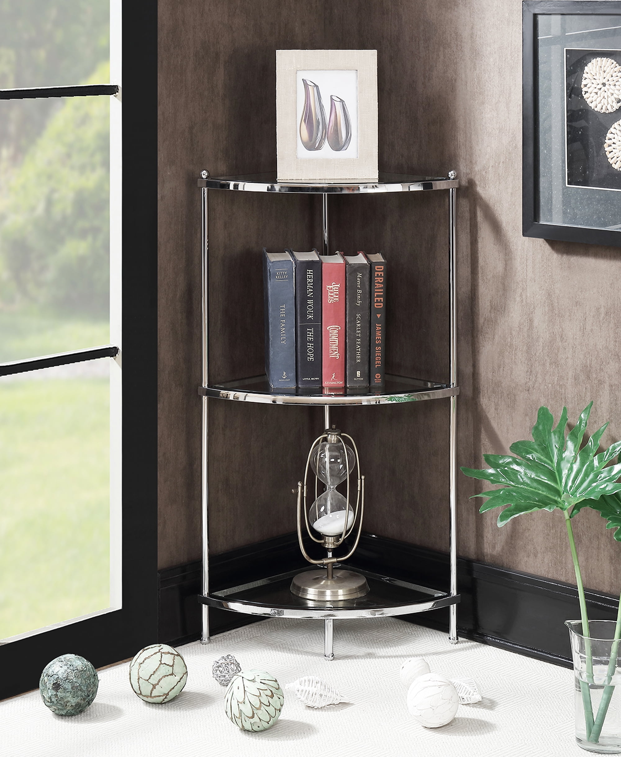 Convenience Concepts Royal Crest 3 Tier Glass Corner Shelf, Chrome/Glass