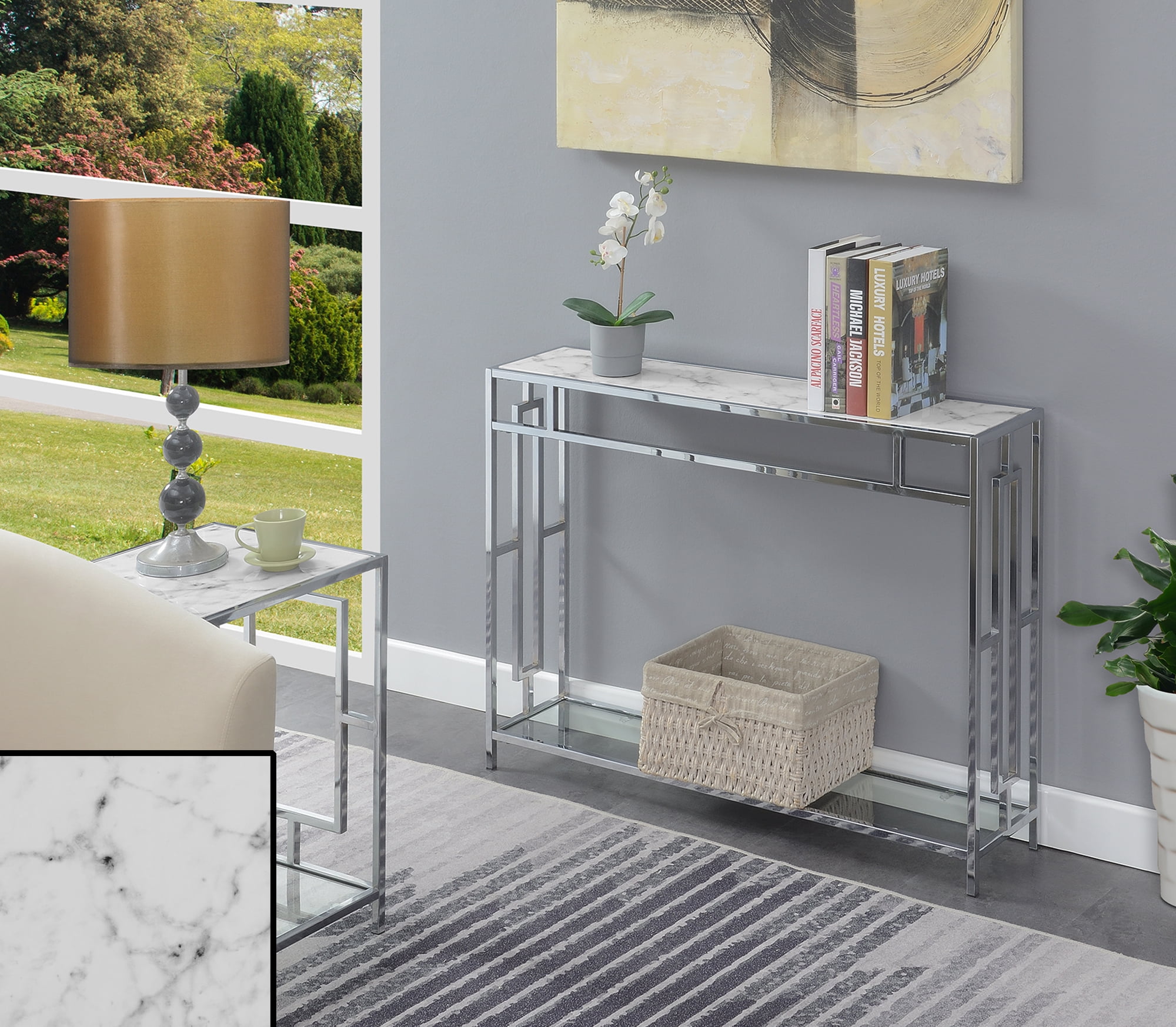 Convenience Concepts Town Square Chrome Console Table, Faux White Marble/Chrome Frame