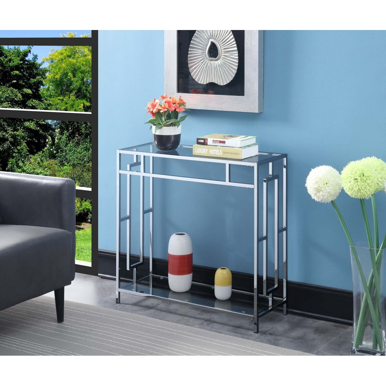 Convenience Concepts Town Square Chrome Glass Entryway Hall Table with Shelf, Glass/Chrome