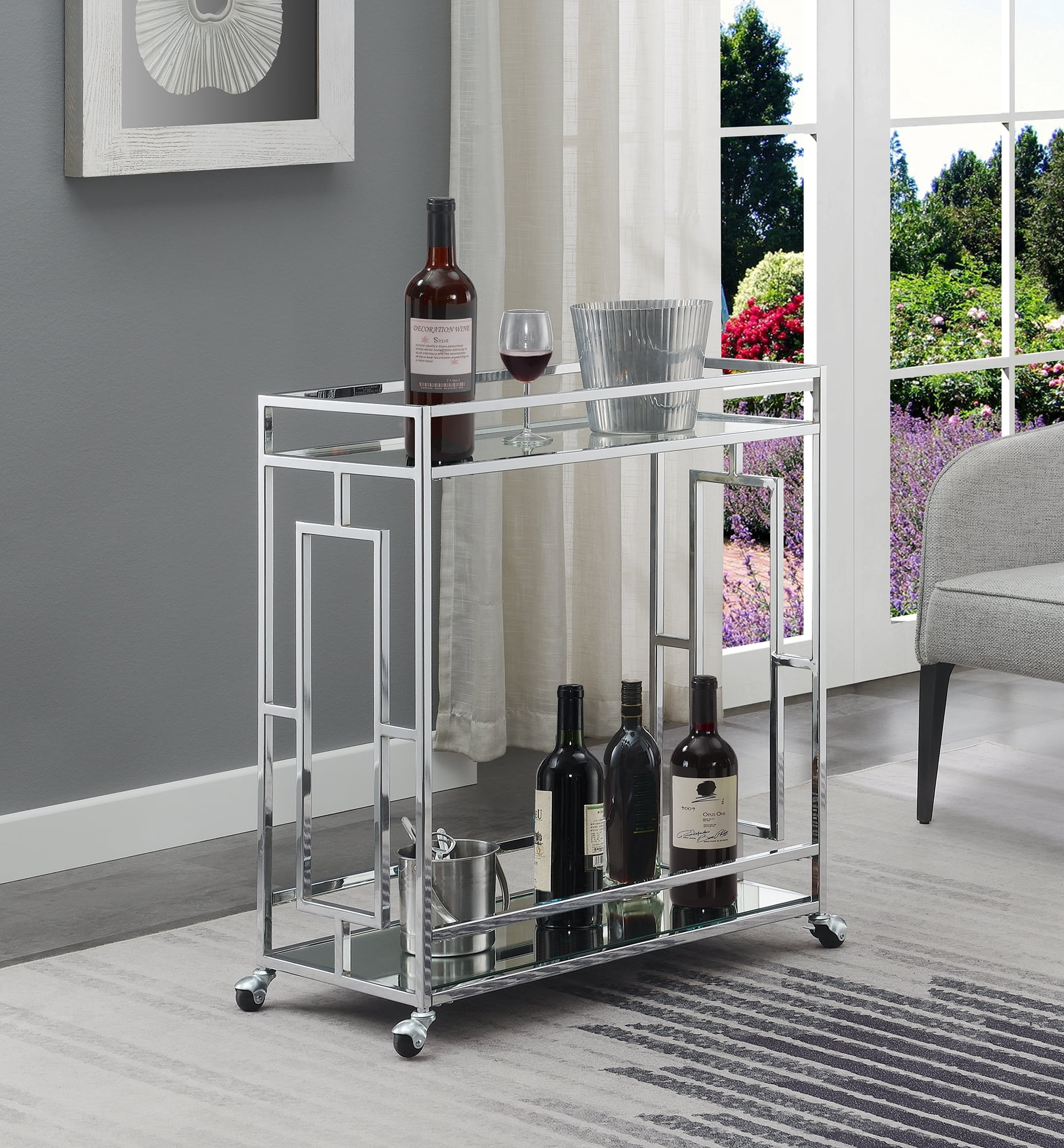 Convenience Concepts Town Square 2 Tier Bar Cart, Glass/Mirror/Chrome