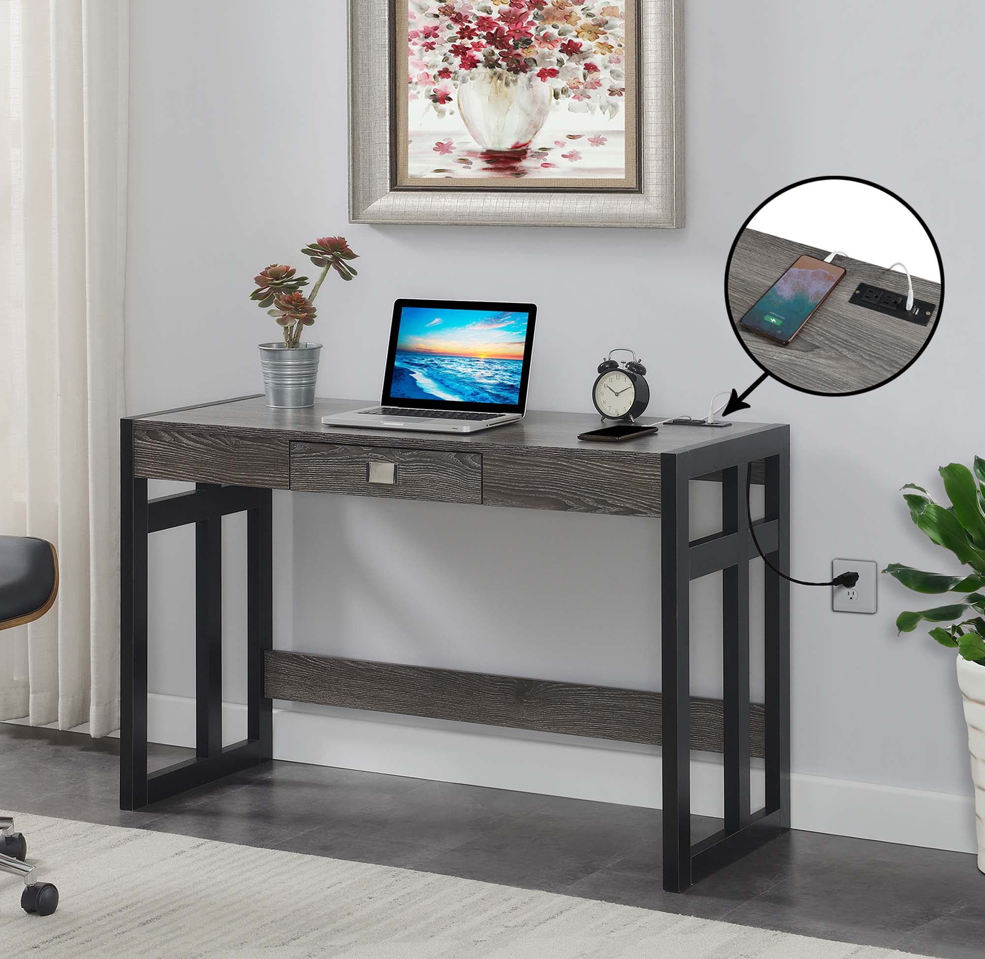 Convenience Concepts 47.25" Monterey Desk with Charging Station, Weathered Gray/Black, All Ages