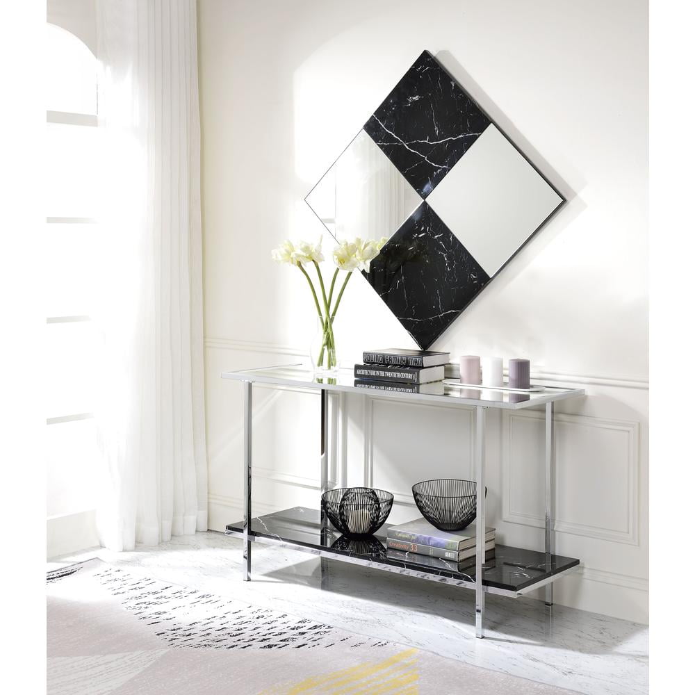 ACME Angwin Metal Frame Console Table in Mirrored and Faux Marble and Chrome