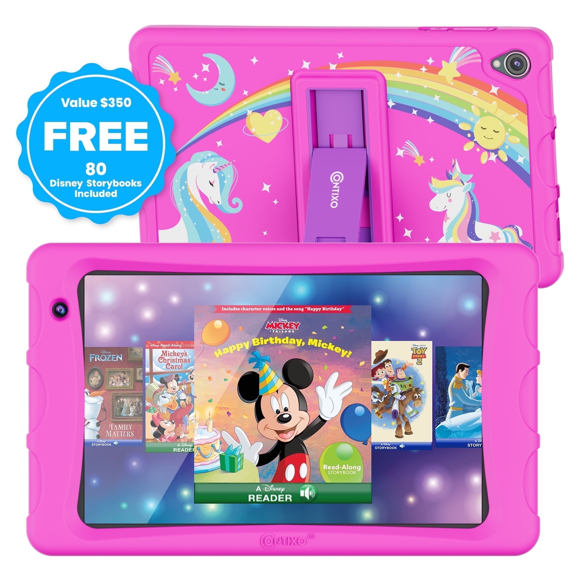 Contixo 8" Kids Tablet, 2025 Model, 80 FREE Disney eBooks, Educational Android Tablet for Ages 3-12, 32GB, Kid-Proof Case with Kickstand, Android 13 - Pink