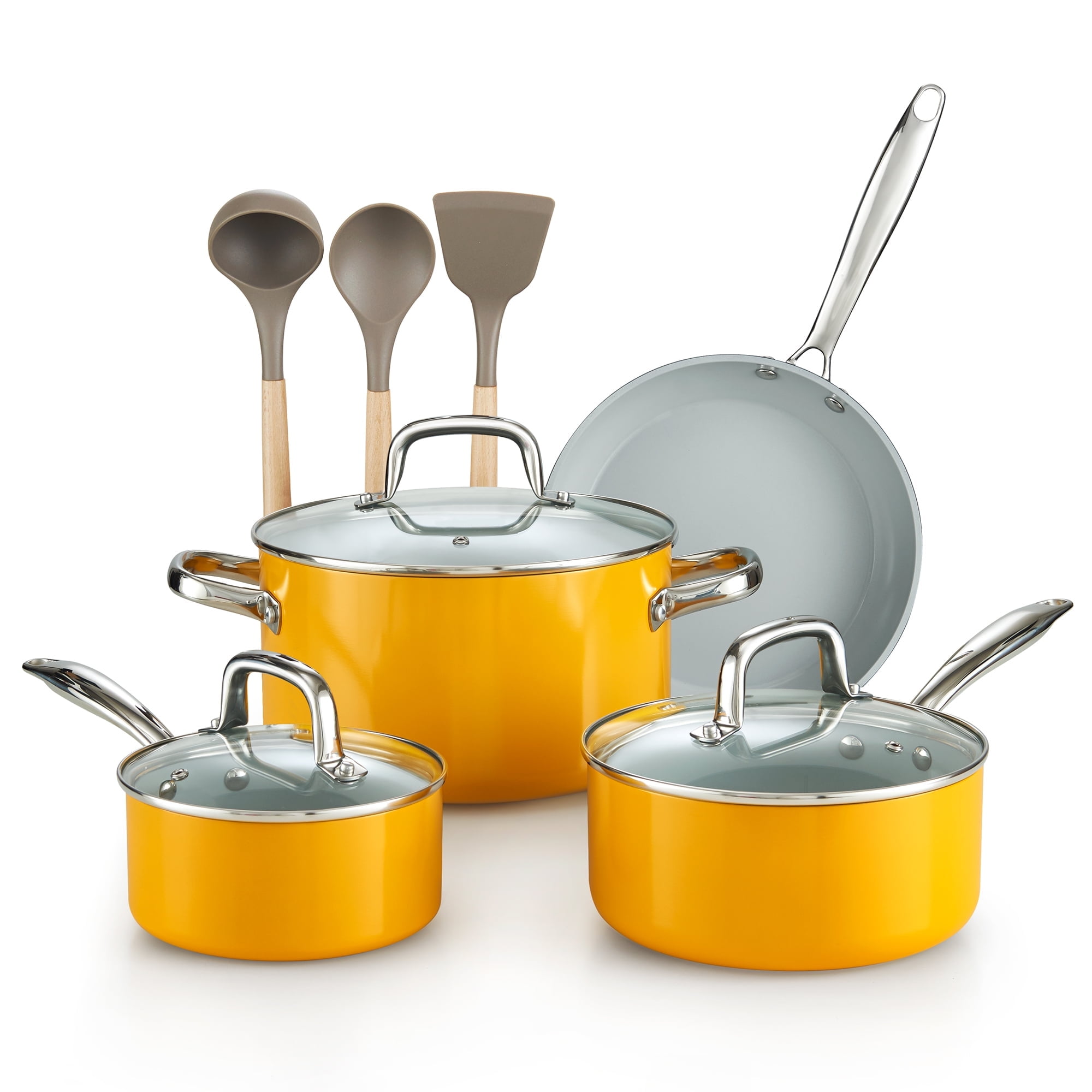 Cook N Home Pots and Pans Set Non Stick, 10-Piece Hard Anodized Nonstick Healthy Ceramic Cookware Set, Induction Cookware Cooking Set with Stay-Cool Handles, Nylon Kitchen Utensils, Oven Safe, Yellow