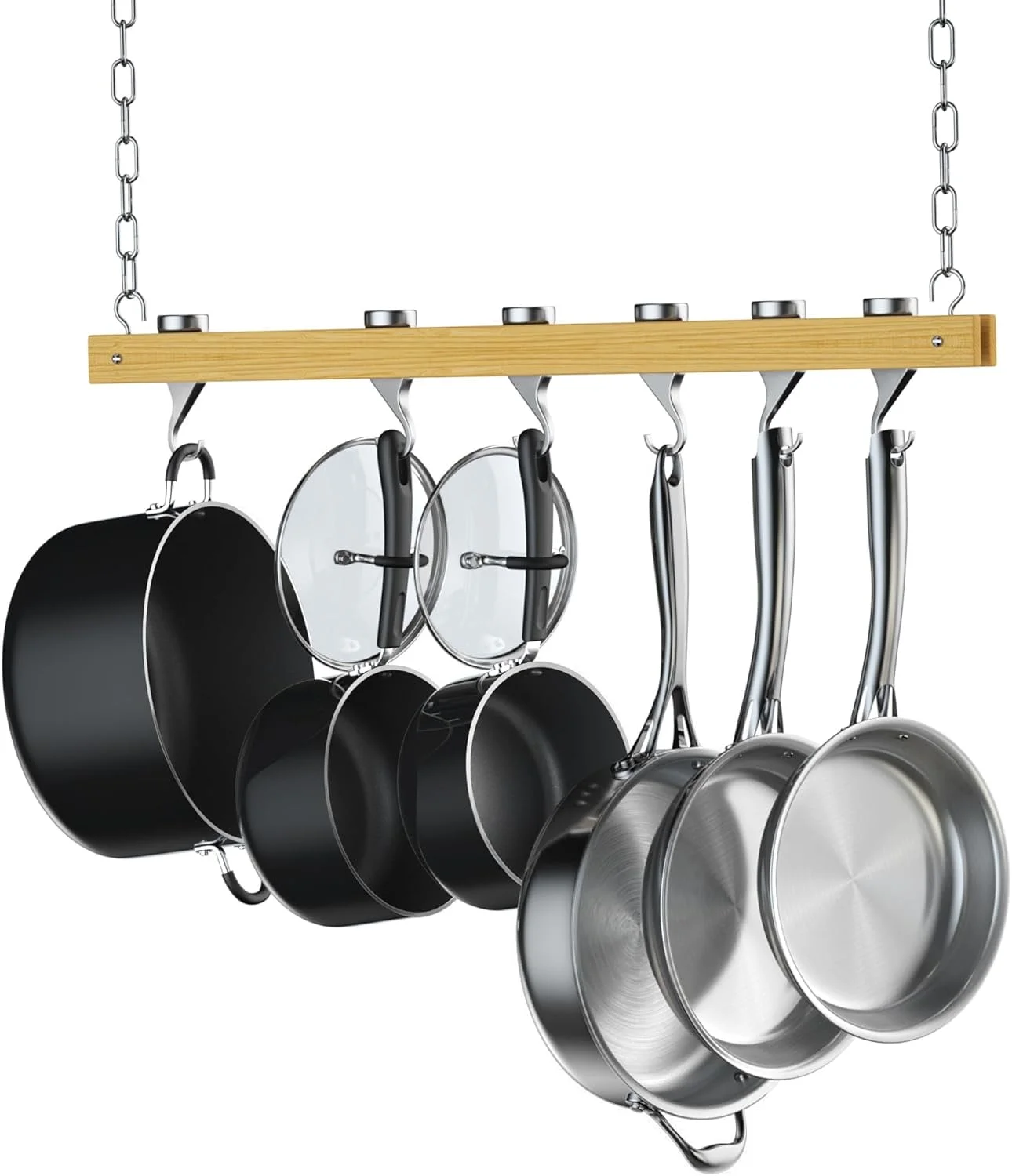 Cooks Standard 36 inch Hanging Pot Rack, Ceiling-Mounted Wooden Rail System Pot Rack for Kitchen Pots and Pans Storage, with 6 Solid Cast Aluminum Swivel Hooks