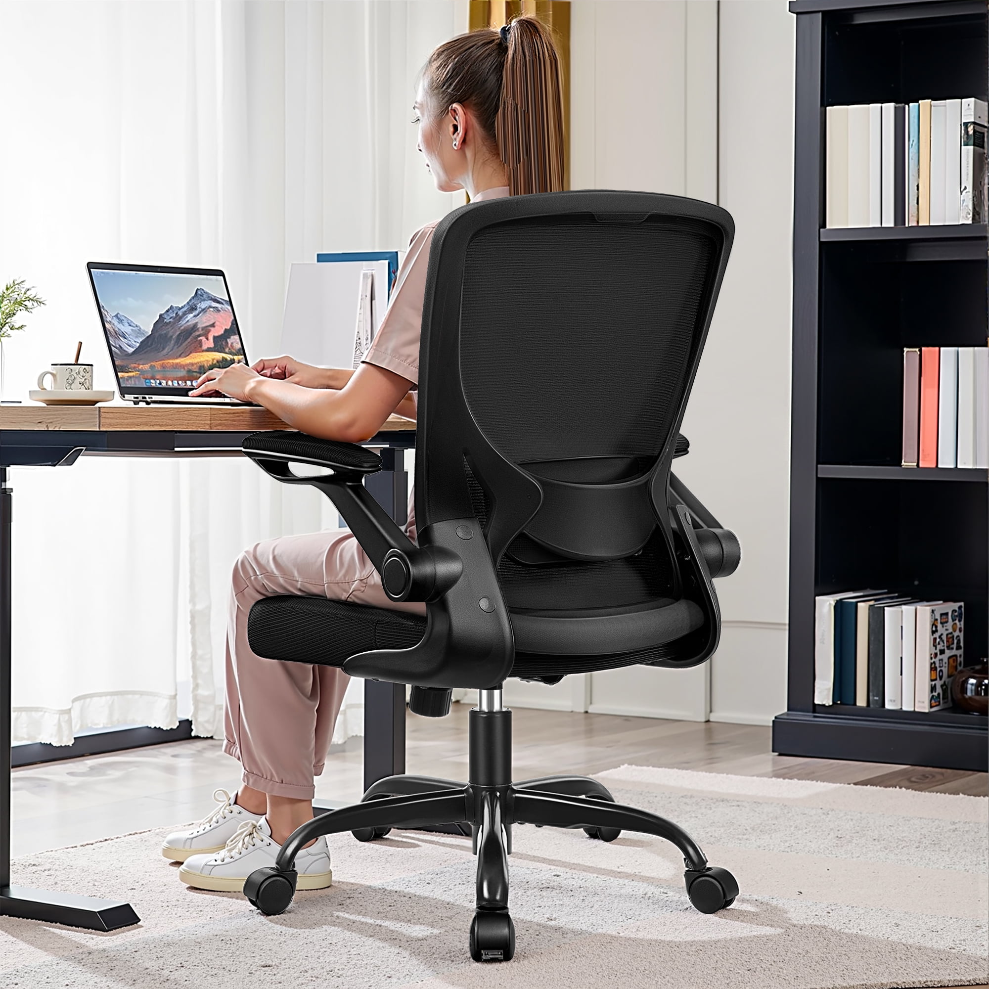 COOLHUT Office Chair, Ergonomic Office Chair with 8-year time warranty, Comfort Home Office Task Chair, Lumbar Support Computer Chair with Flip-up Arms and Adjustable Height, 350LBS, Black