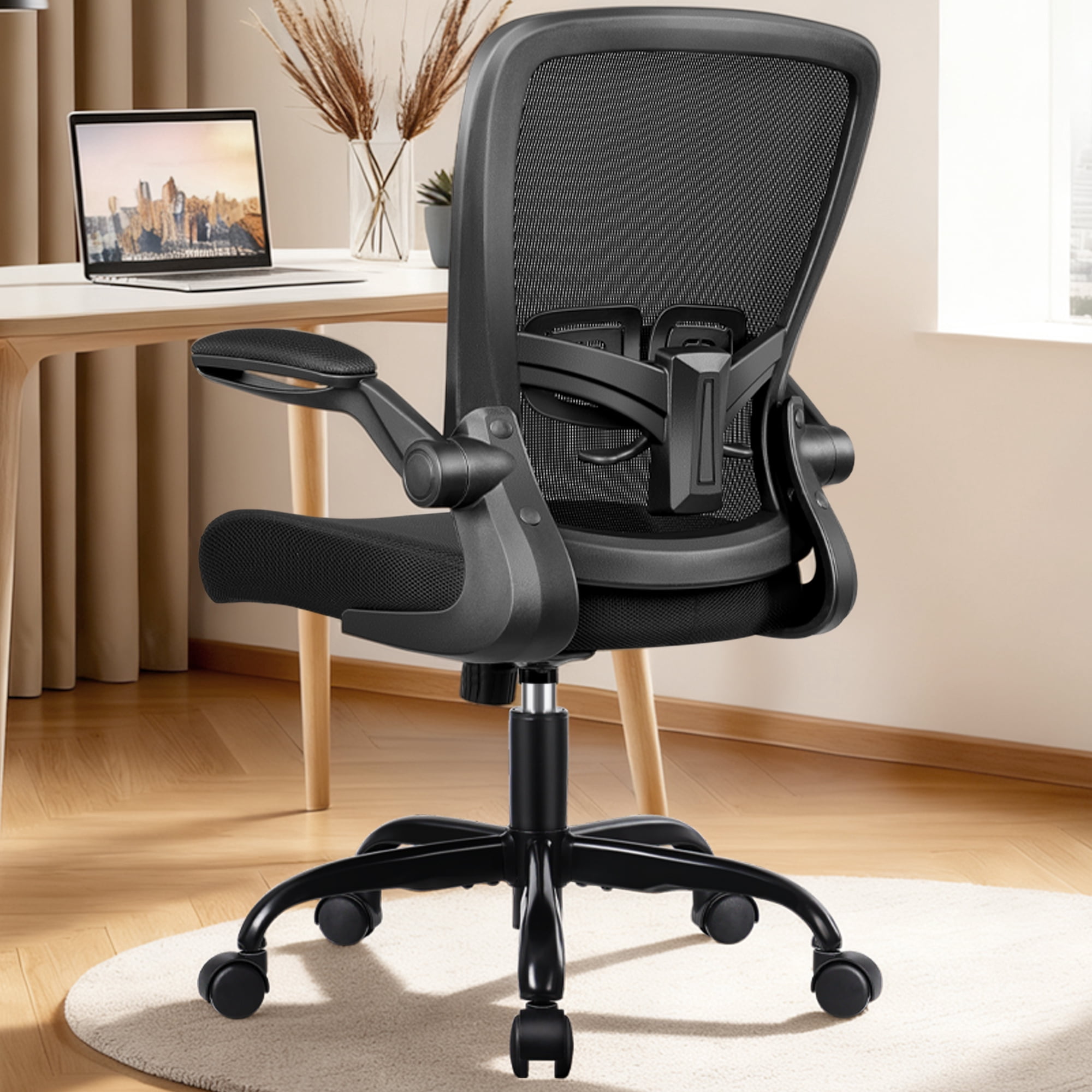 COOLHUT Ergonomic Office Chair, Home Office Desk Chair, Comfort Mesh Task Chair with Adjustable Lumbar Support and Flip up Arms, Black