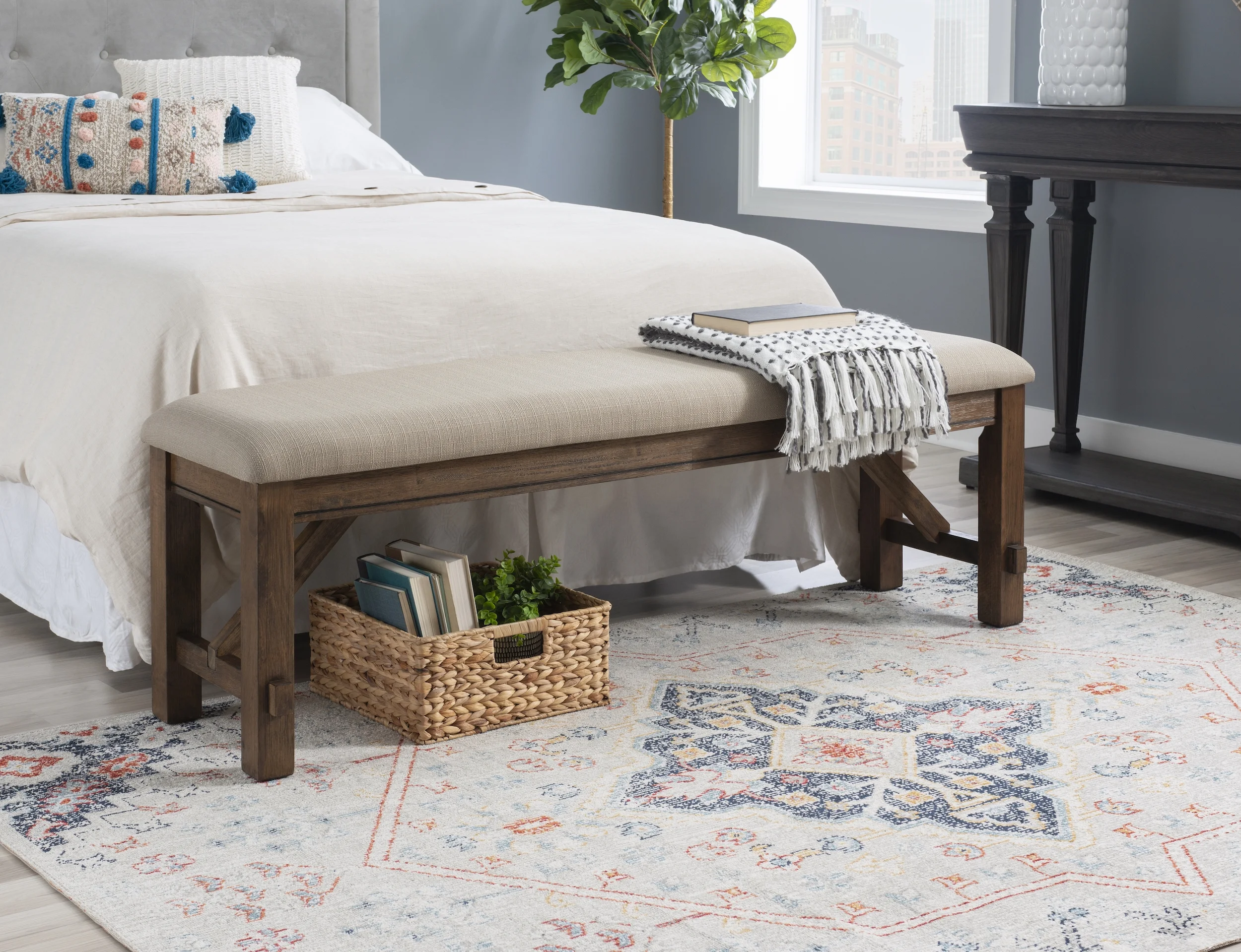 Correll Farmhouse Dining Bench, Rustic Umber Base with Tan Fabric