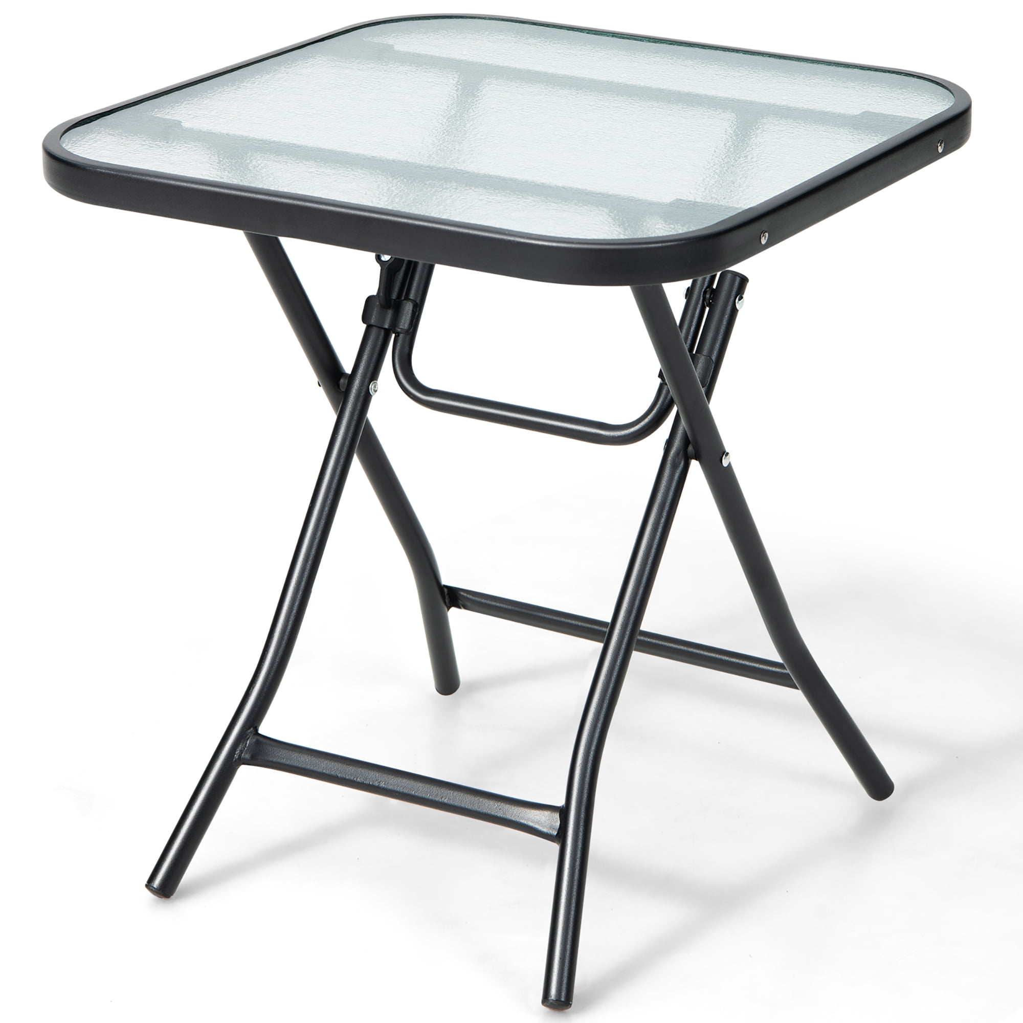 Costway Black Square Metal Folding Glass Side Table Outdoor Bistro Table