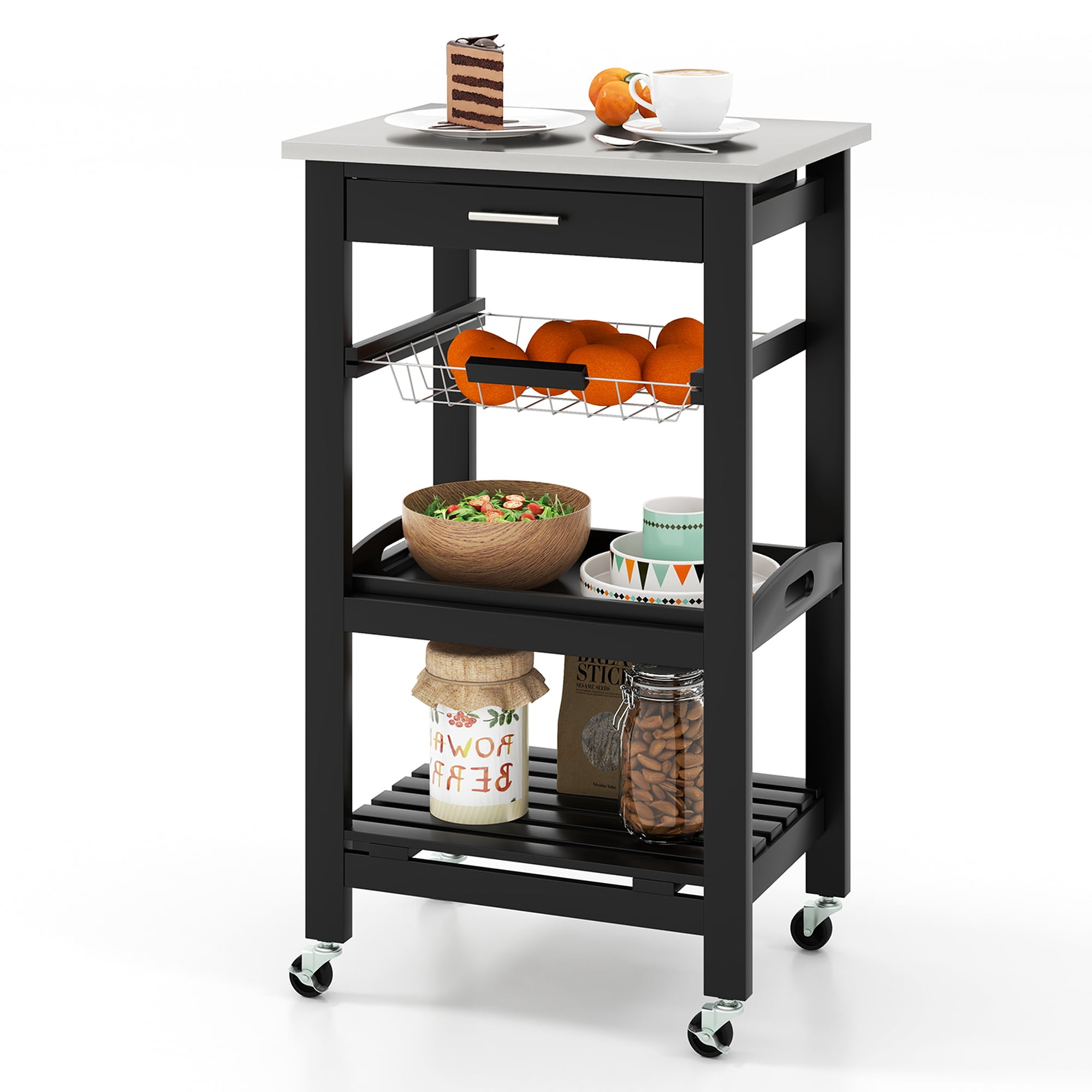 Costway Compact Kitchen Island Cart, Stainless Steel Top, Solid Wood Frame, Black