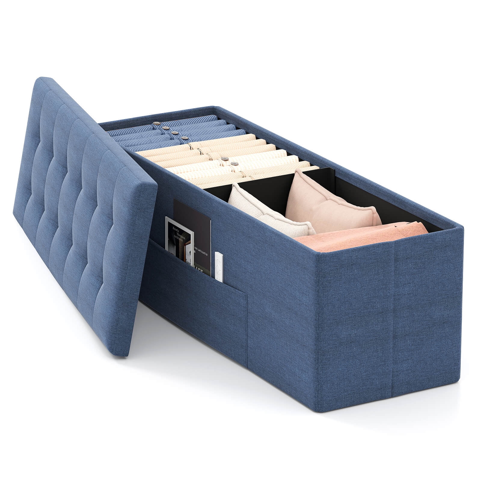Costway Fabric Folding Storage Ottoman Storage Chest W/Divider Bed End Bench Navy