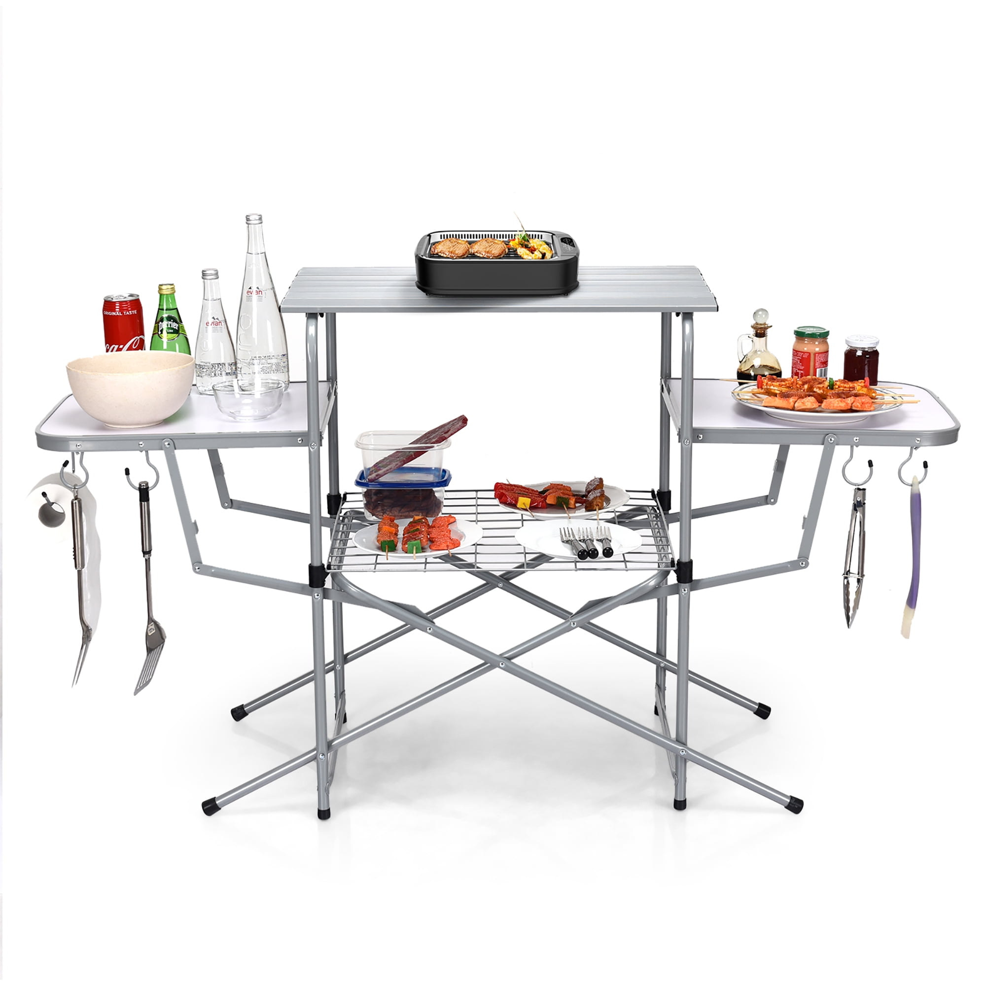 Costway Foldable Camping Table Outdoor Kitchen Portable Grilling Stand Folding BBQ Table
