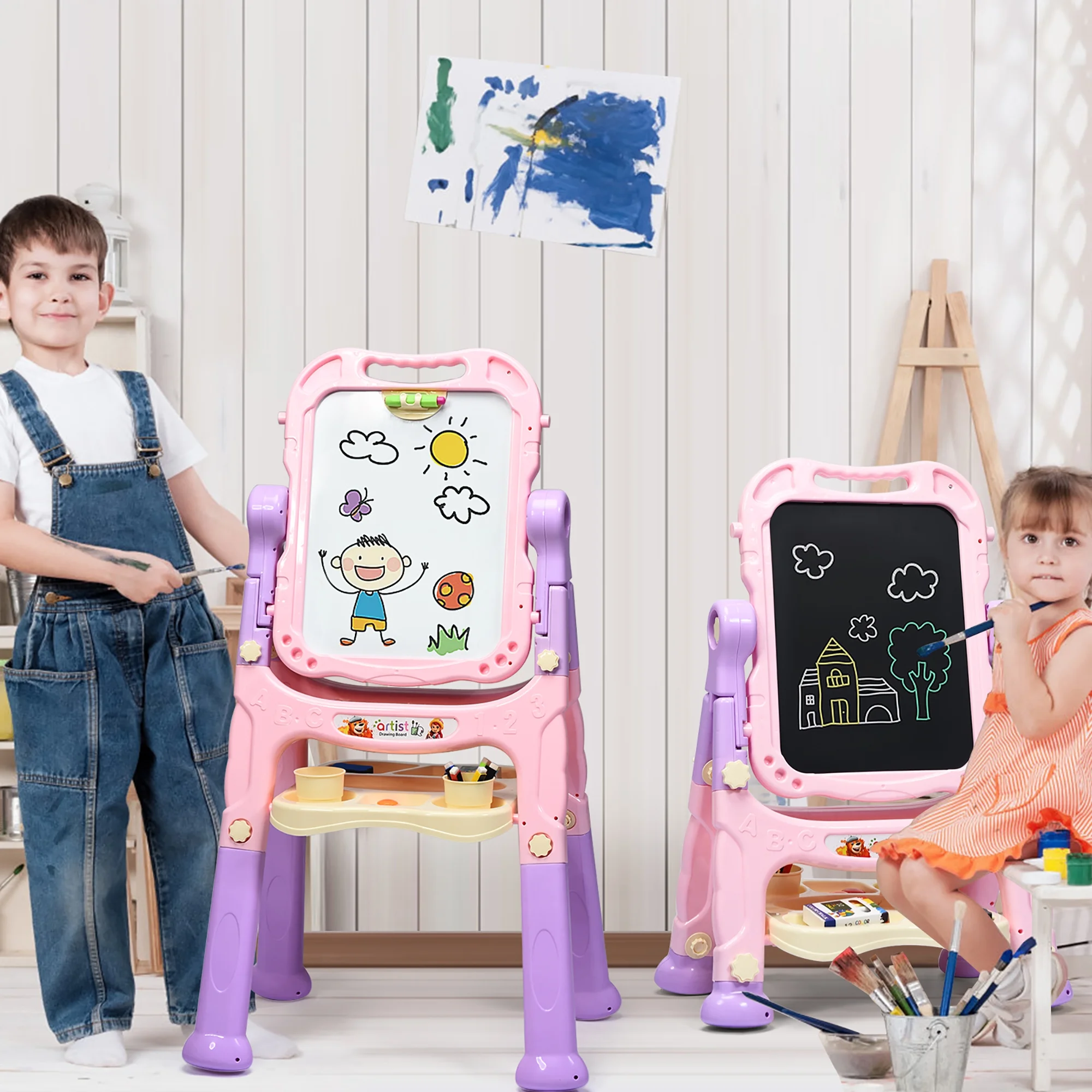 Costway Height Adjustable Kids Art Easel Magnetic Double Sided Board w/ Accessories Pink