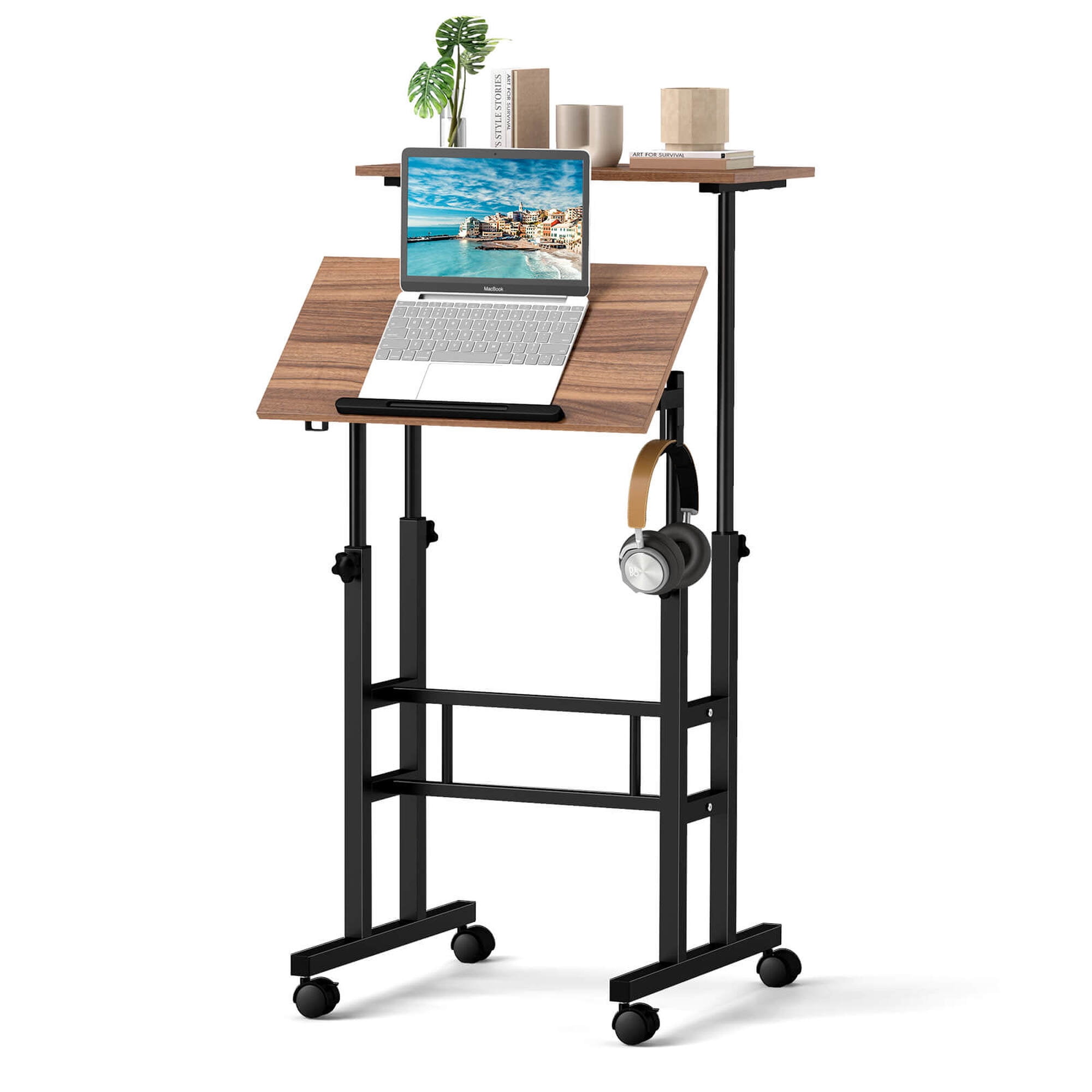 Costway Height Adjustable Mobile Standing Desk with Tiltable Desktop & 2 Hanging Hooks