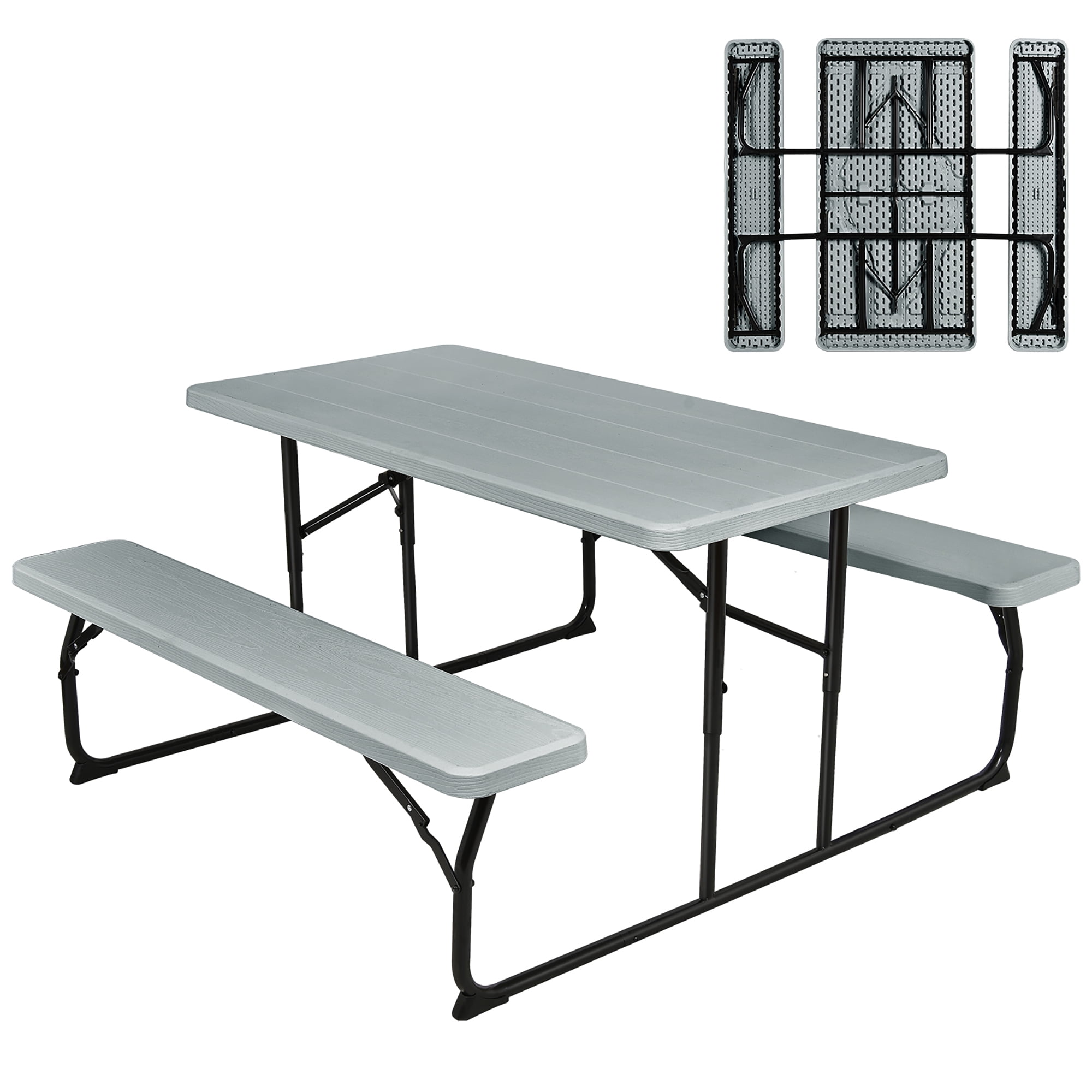 Costway Indoor & Outdoor Folding Picnic Table Bench Set w/ Wood-like Texture Grey