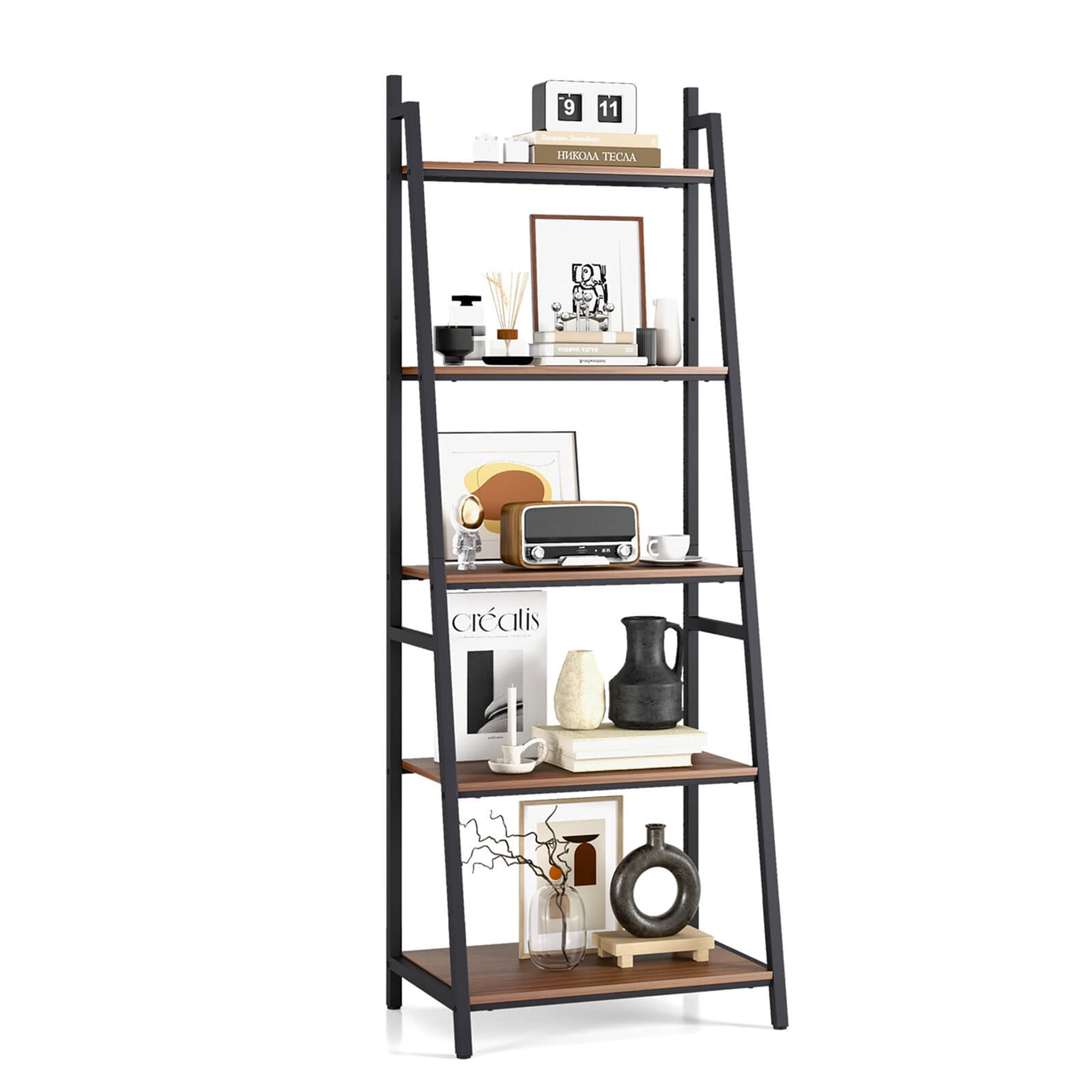 Costway Industrial Ladder Shelf Rustic 5 Tier Leaning Bookshelf Wood Metal Bookcase