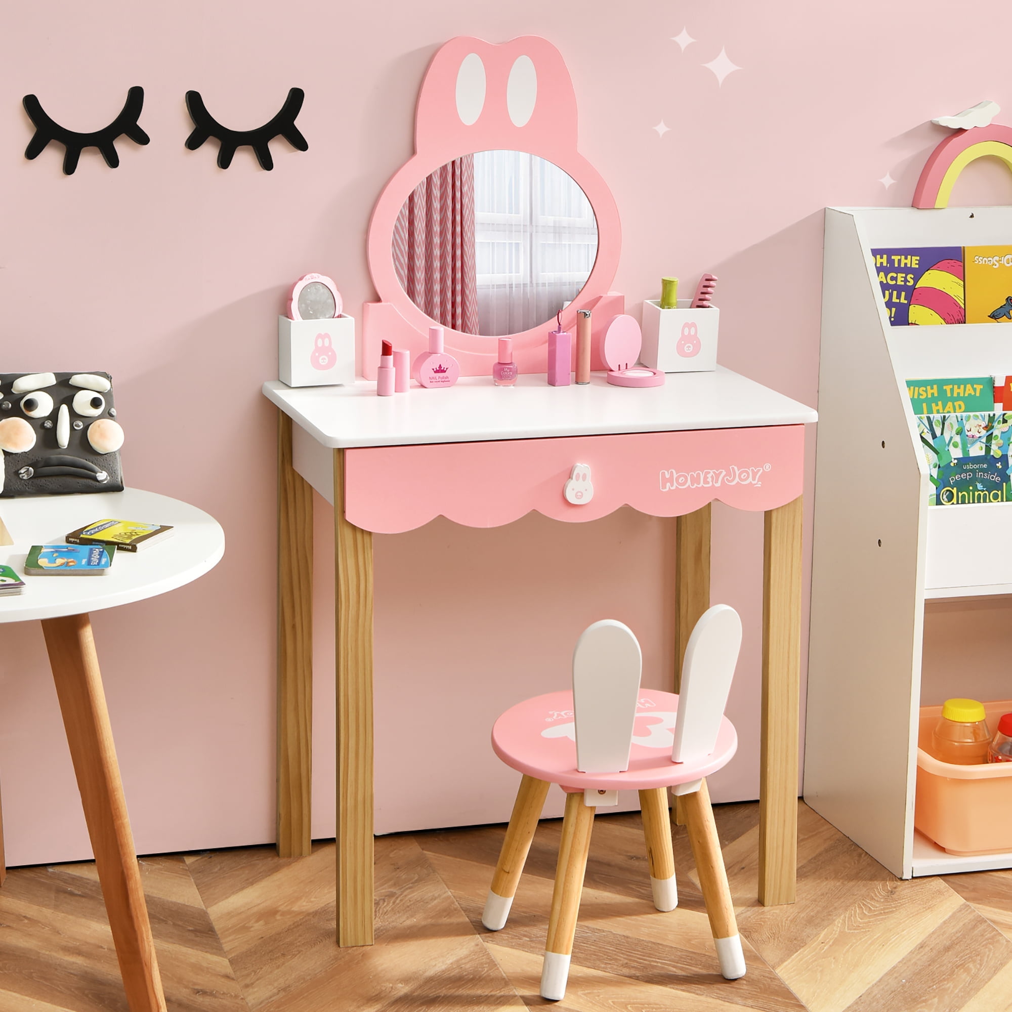 Costway Kids Vanity Set Rabbit Makeup Dressing Table Chair Set W/ Mirror Drawer White