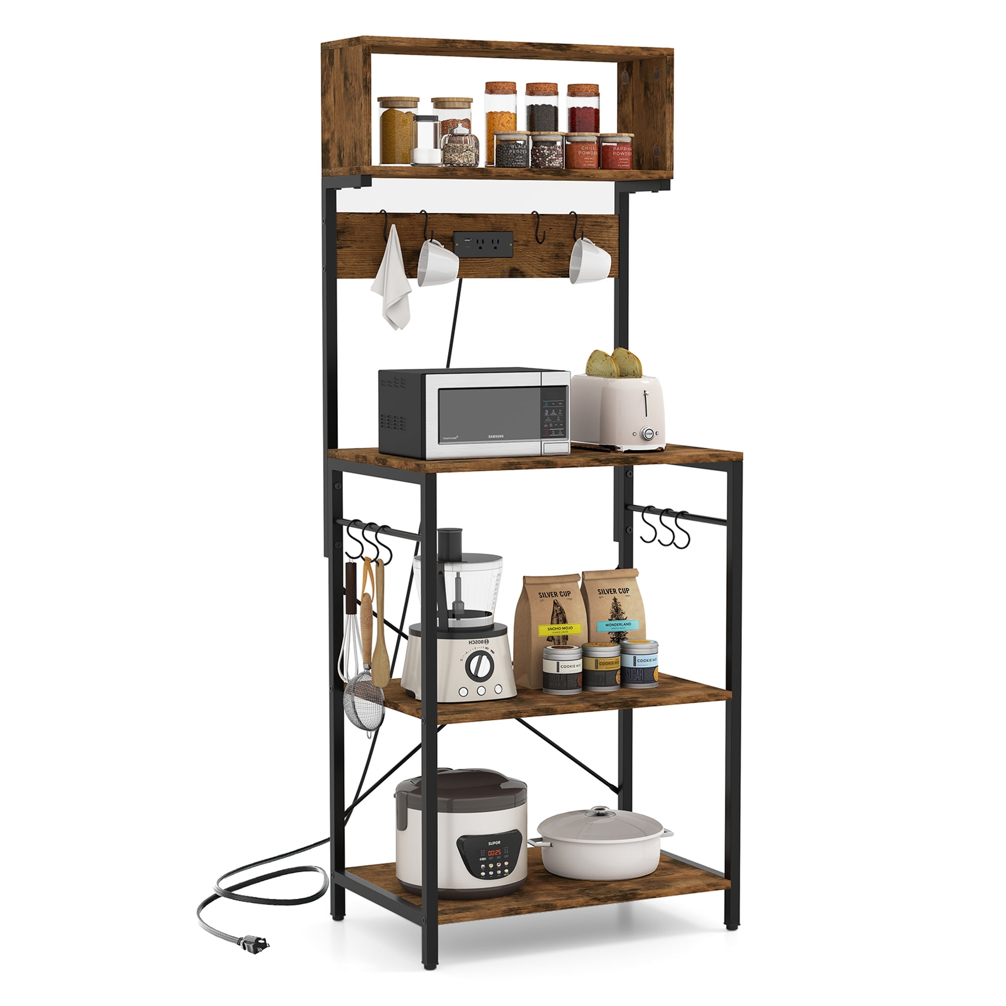 Costway Kitchen Bakers Rack 5-Tier Coffee Bar Station with Power Outlet Storage Hutch Open Shelves