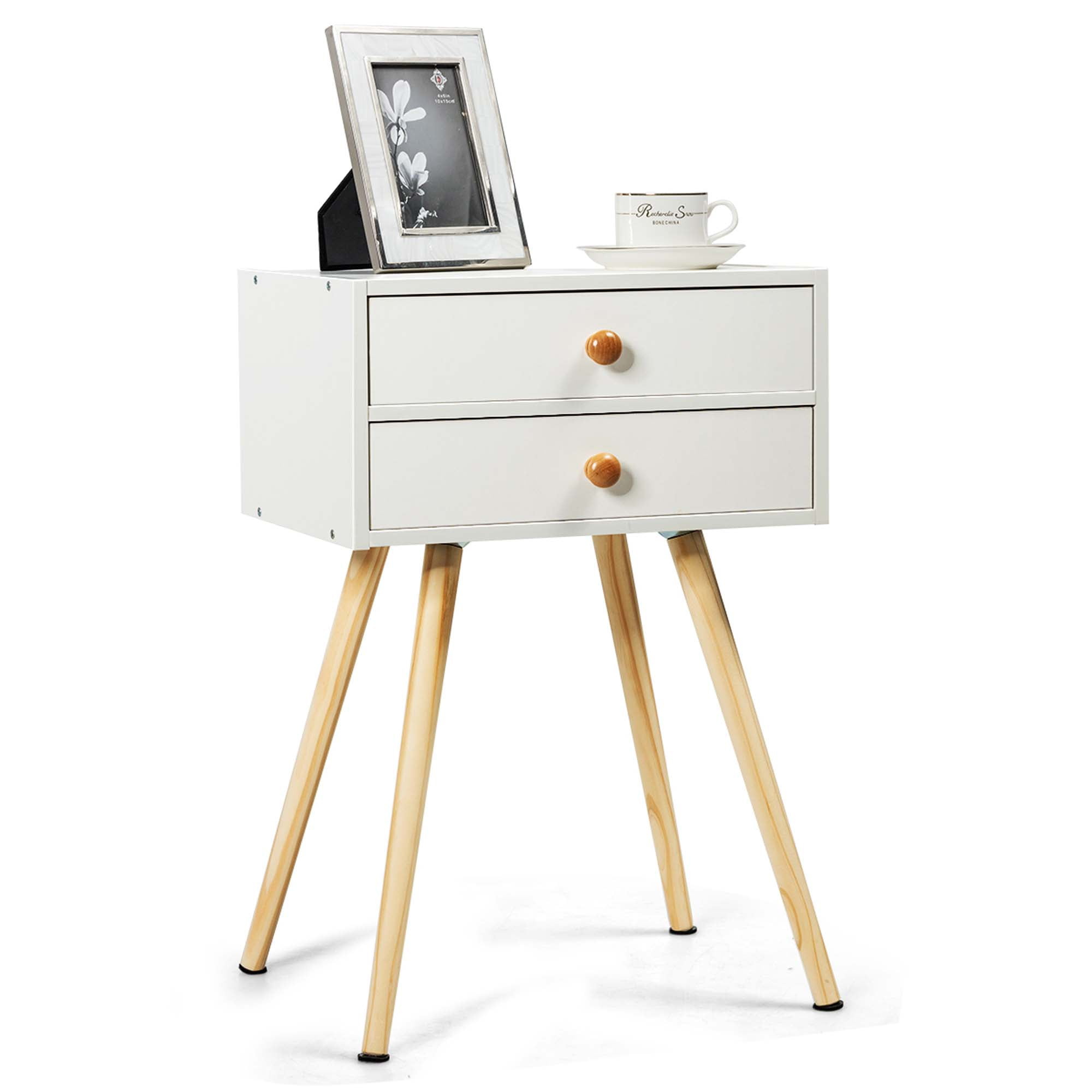 Costway Mid Century Modern 2 Drawers Nightstand In White Sofa Side Table End Table