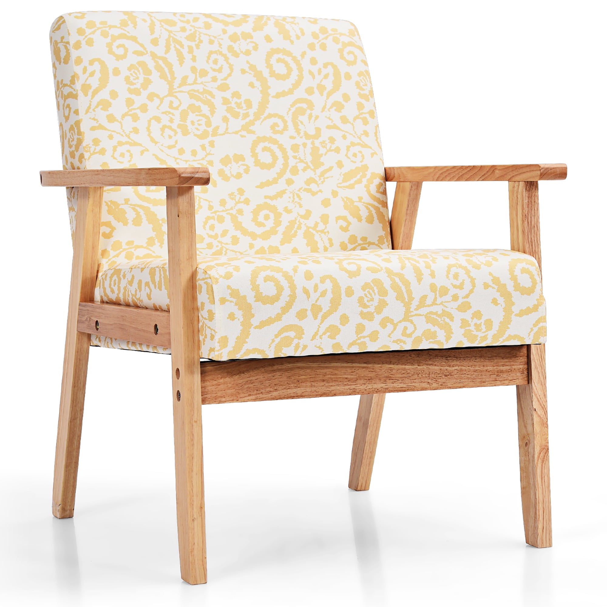 Costway Modern Accent Armchair Upholstered Lounge Chair w/Rubber Wood Leg Yellow Floral