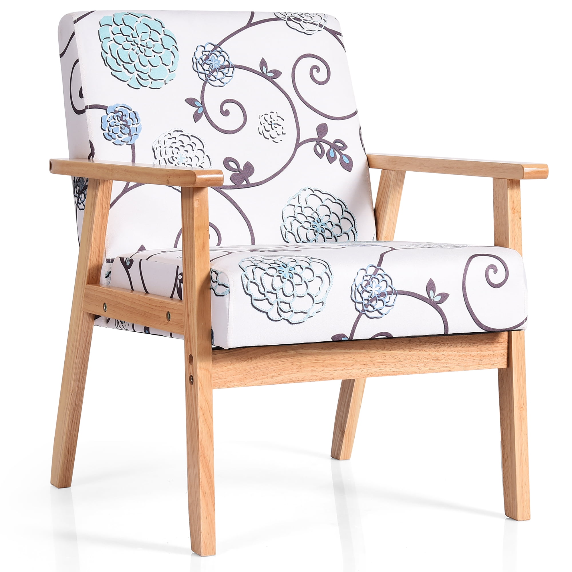Costway Modern Rubber Wood Linen Sponge Floral Accent Armchair, White and blue