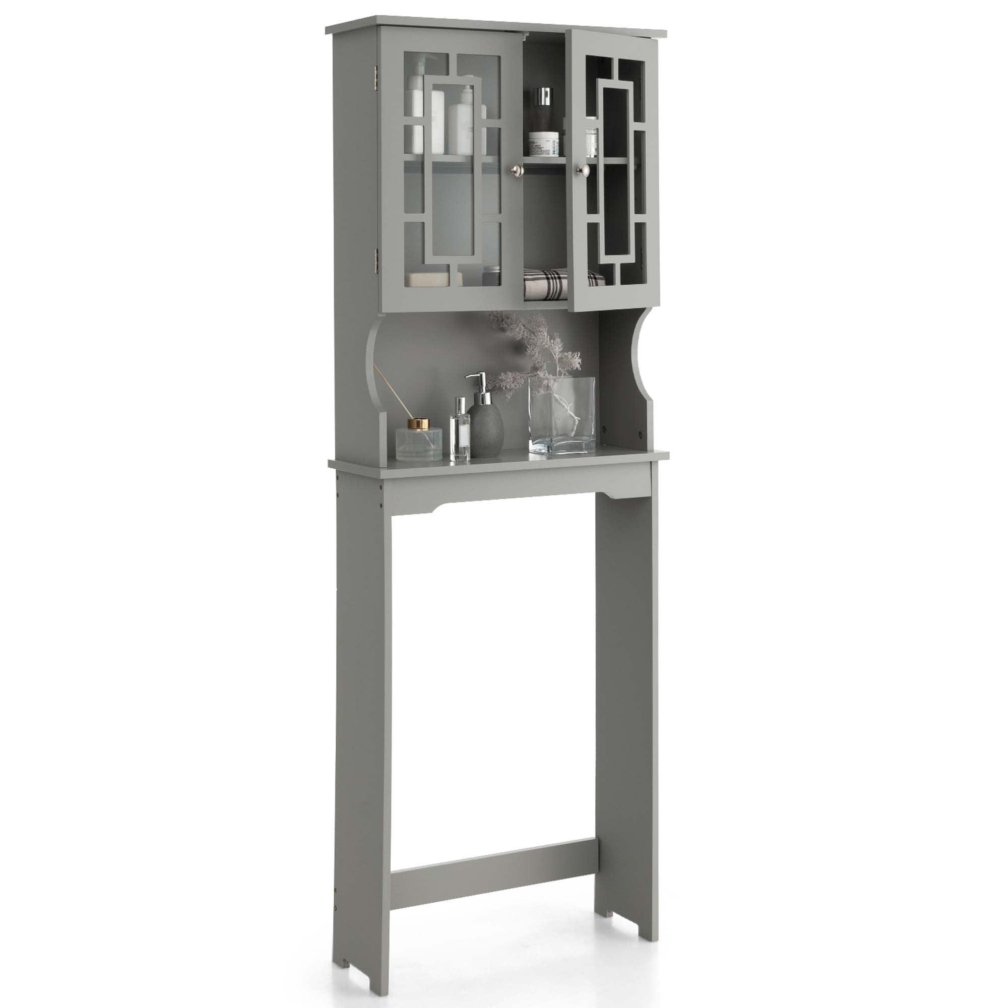 Costway Over the Toilet Storage Bathroom Spacesaver Cabinet Tower Organizer Shelf & Doors Grey