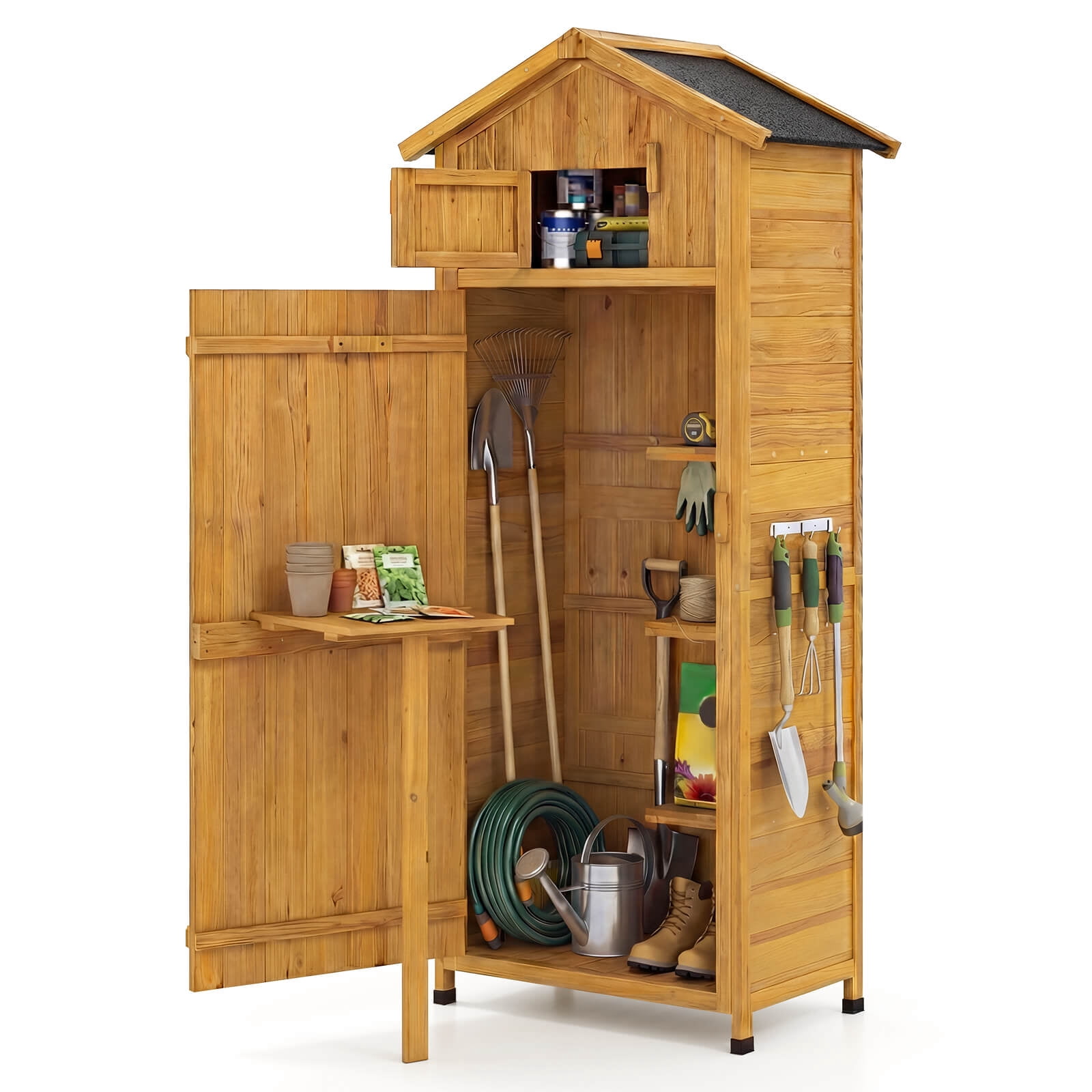 Costway Outdoor Lockable Wooden Storage Shed with Shelves, 71"x29.5"x20", Natural