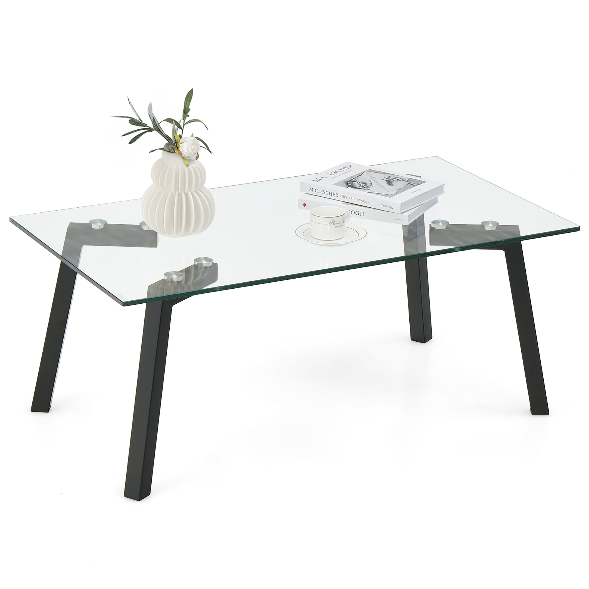Costway Tempered Glass Coffee Table Modern Center Table with Metal Frame for Living Room