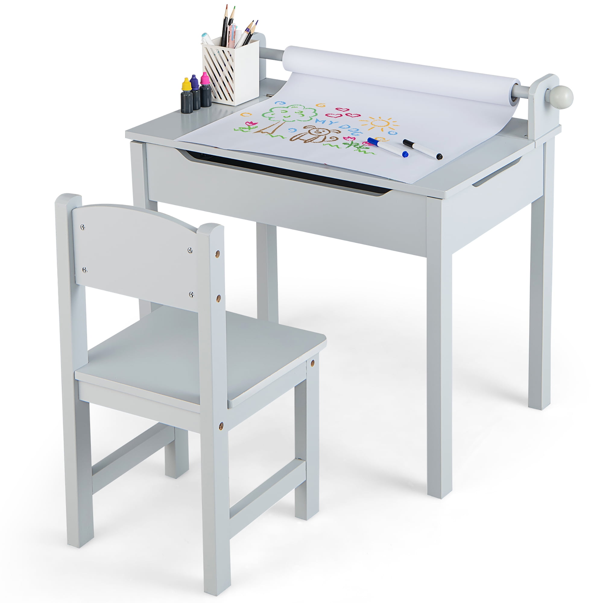 Costway Toddler Craft Table & Chair Set Kids Art Crafts Table withPaper Roll Holder Grey