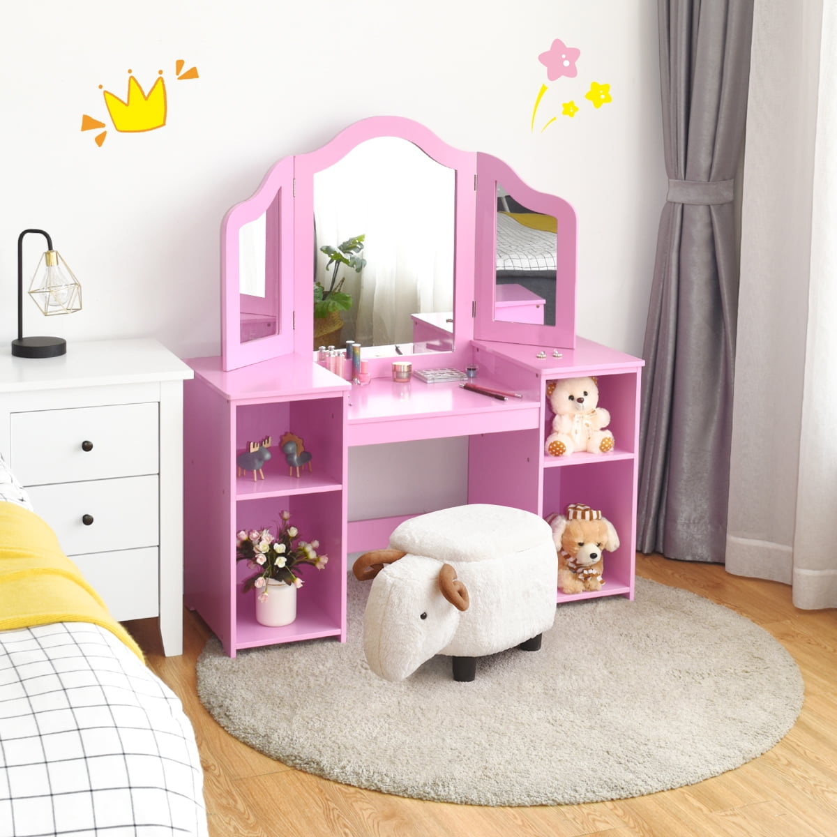 Costway Vanity Table Set Makeup Dressing Kids Girls Study Table Tri Folding Mirror Pink