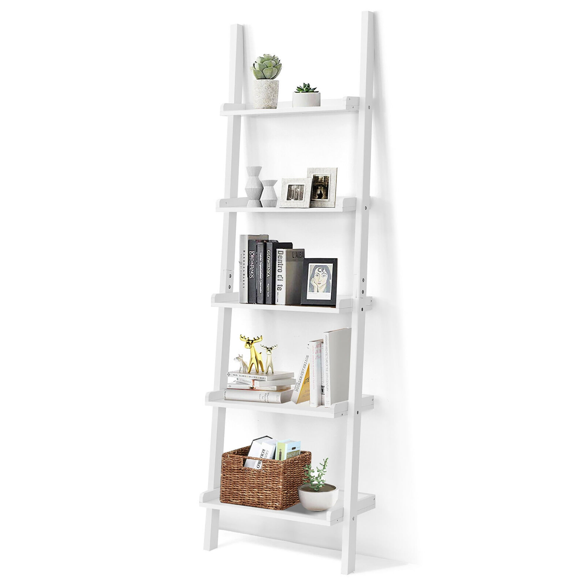 Costway Versatile White 5-Tier Bookshelf Leaning Wall Shelf Ladder Bookcase White
