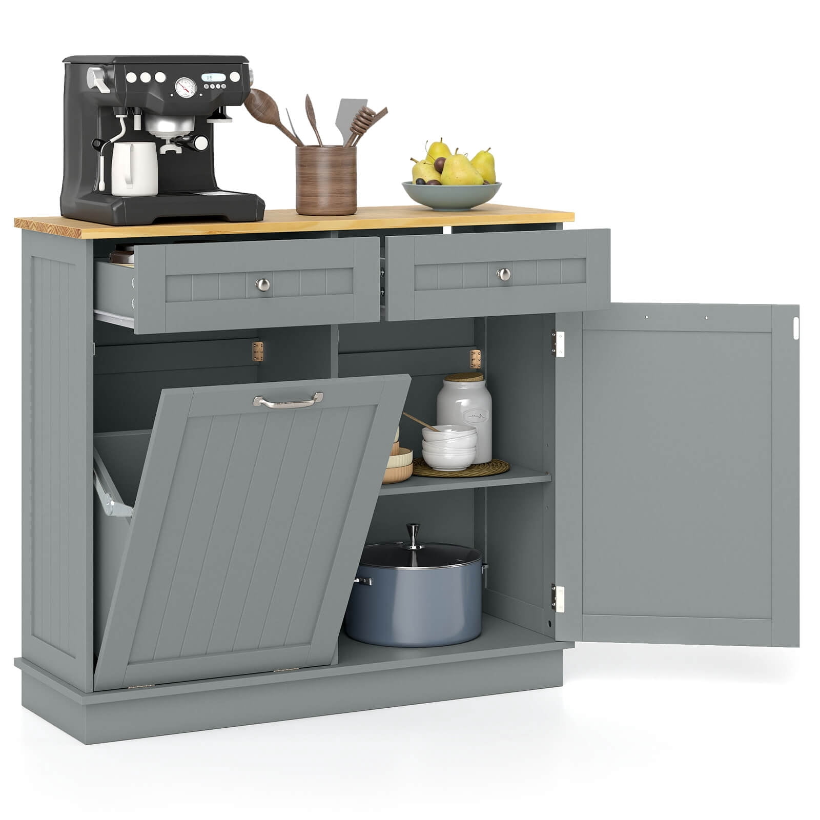 Costway 15.5 Gallon Kitchen Tilt Out Trash Cabinet Rubber Wood Tabletop 2 Drawers Shelf Gray