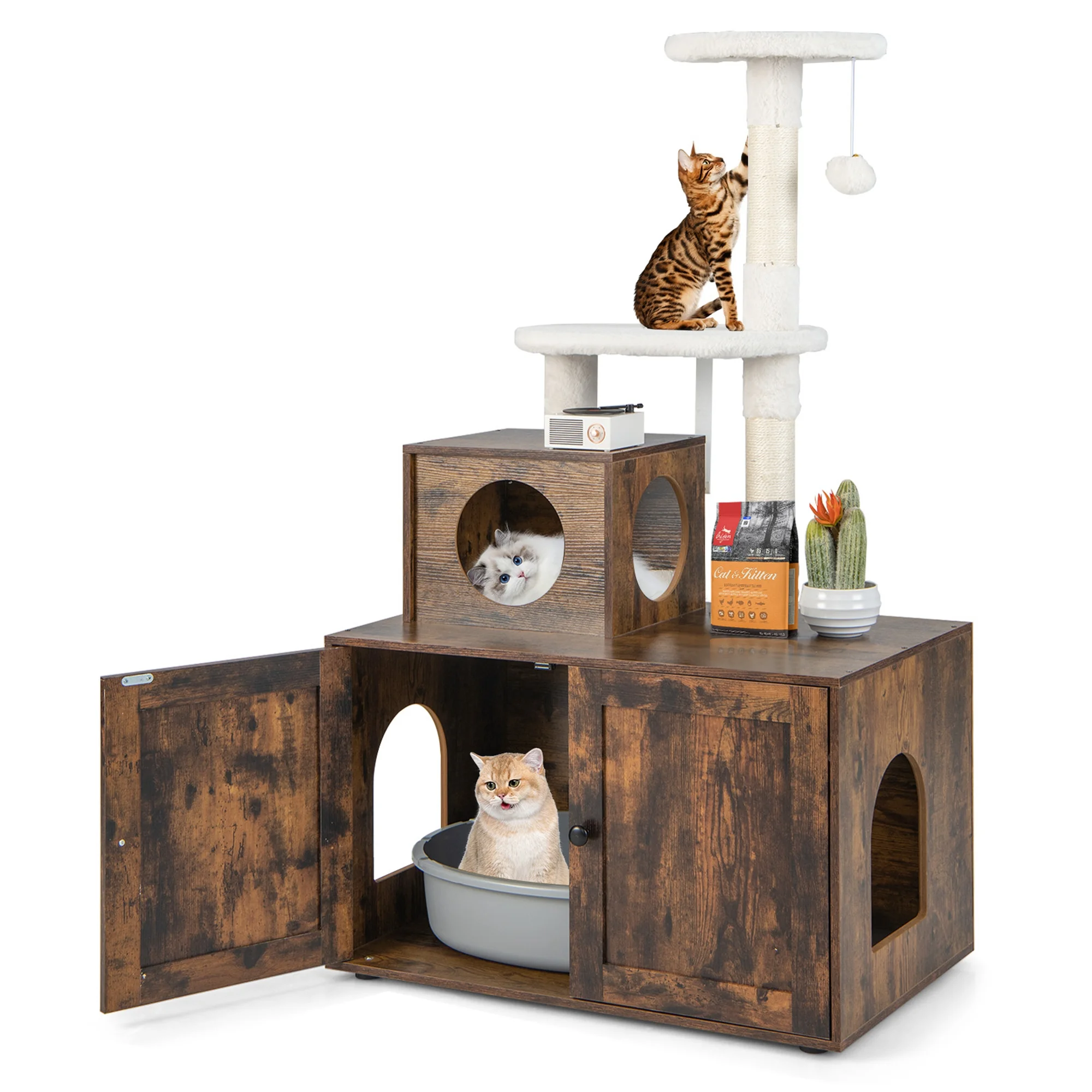 Costway 2-in-1 Wooden Litter Box Enclosure with Cat Tree Hidden Washroom Furniture Brown