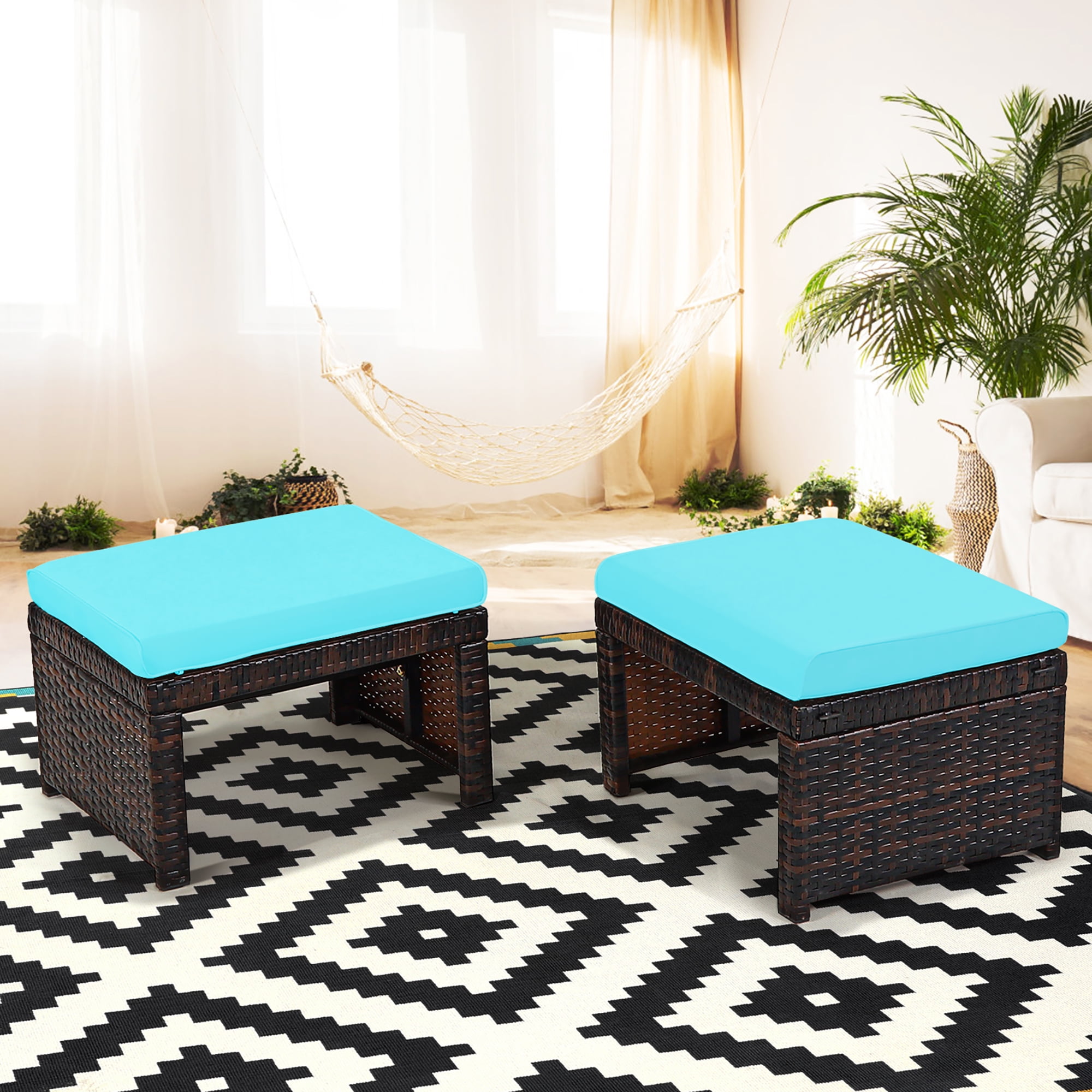 Costway 2PCS Patio Rattan Ottoman Cushioned Seat Foot Rest Furniture Turquoise