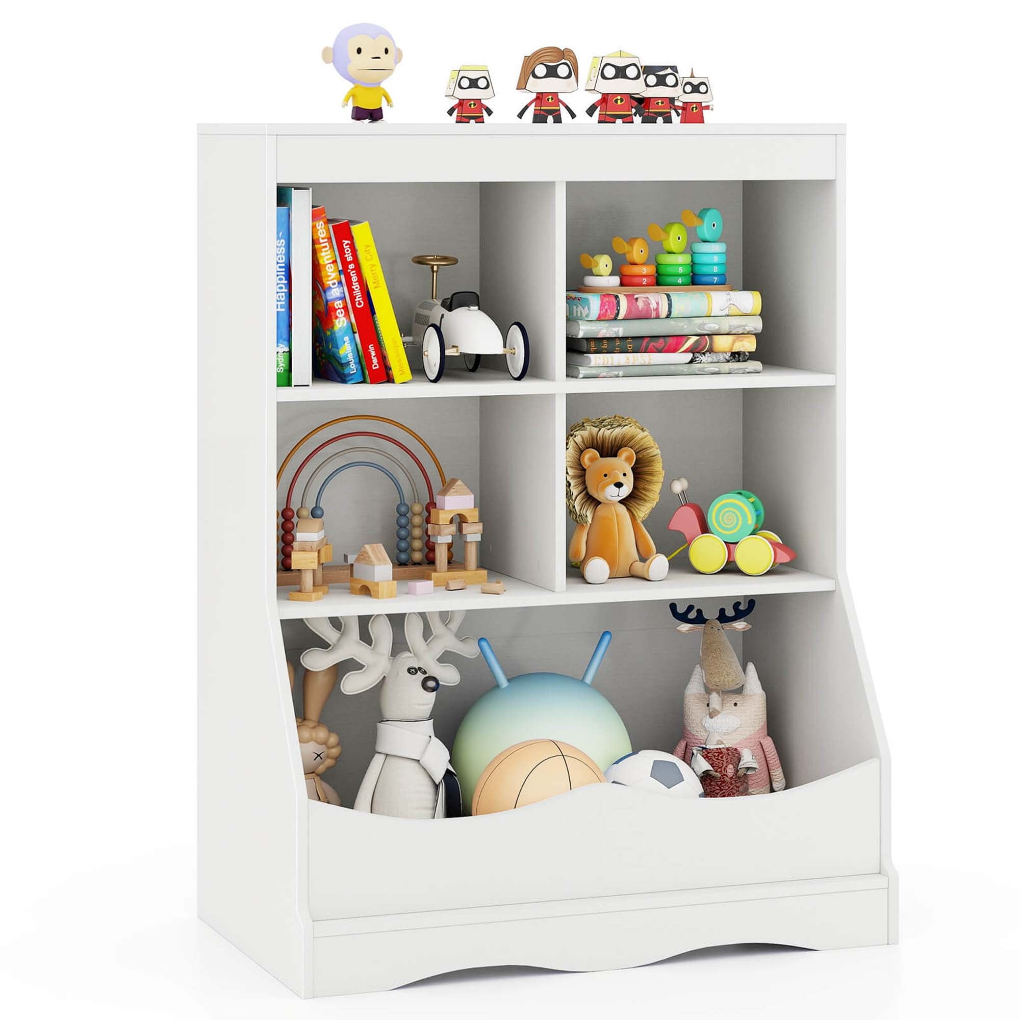 Costway 34.5" Kids Bookshelf with Anti-Tipping Kits Multi-functional Display Rack White