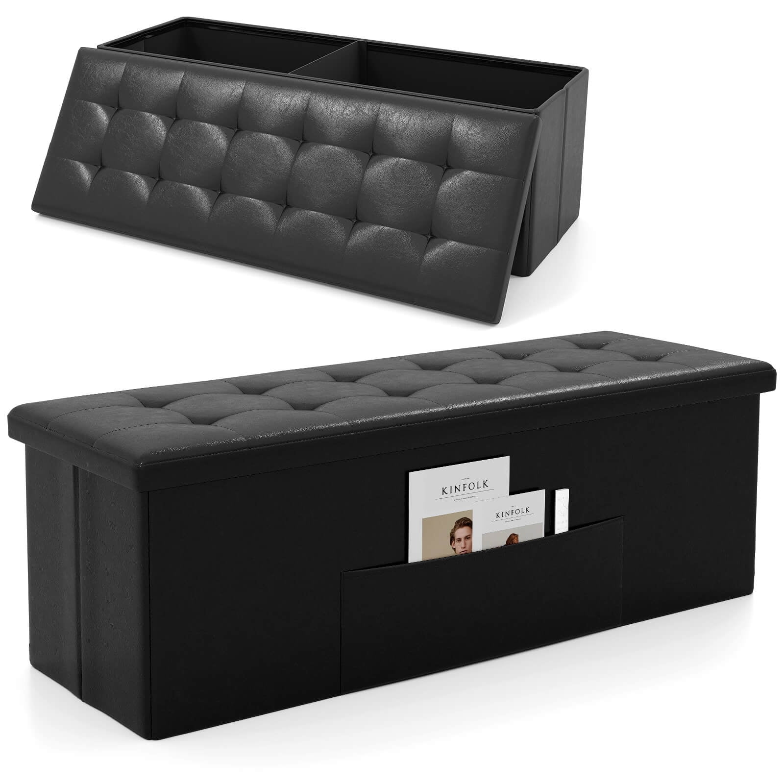Costway 43 Inches Folding Storage Ottoman Bench with Side Pocket Storage Chest Black