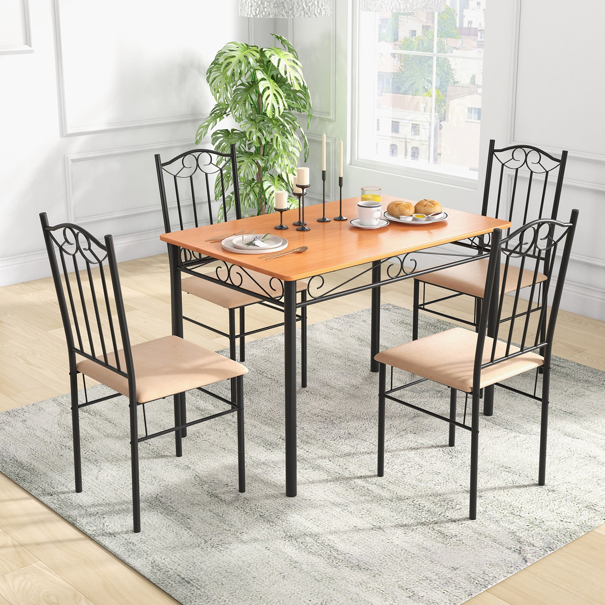 Costway 5 PCS Dining Set Wood Metal 30" Table & 4 Chairs Upholstered Kitchen Breakfast Furniture