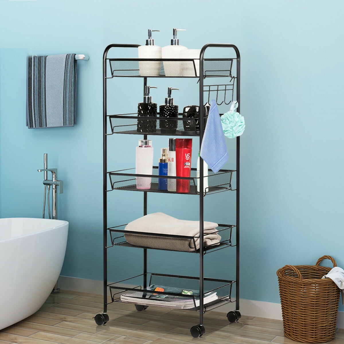 Costway 5 Tier Storage Rack Trolley Cart Home Kitchen Organizer Utility Baskets Black