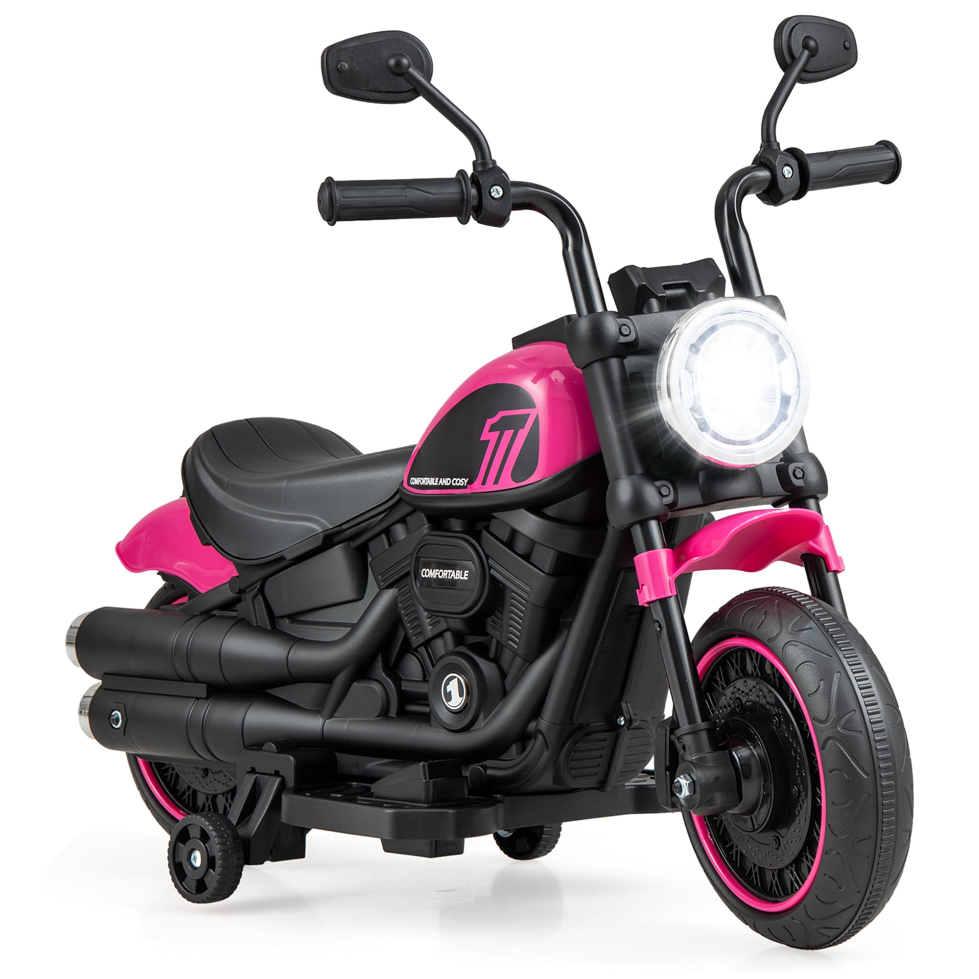 Costway 6V Kids Electric Motorcycle with Training Wheels LED Headlights Music Board Pink
