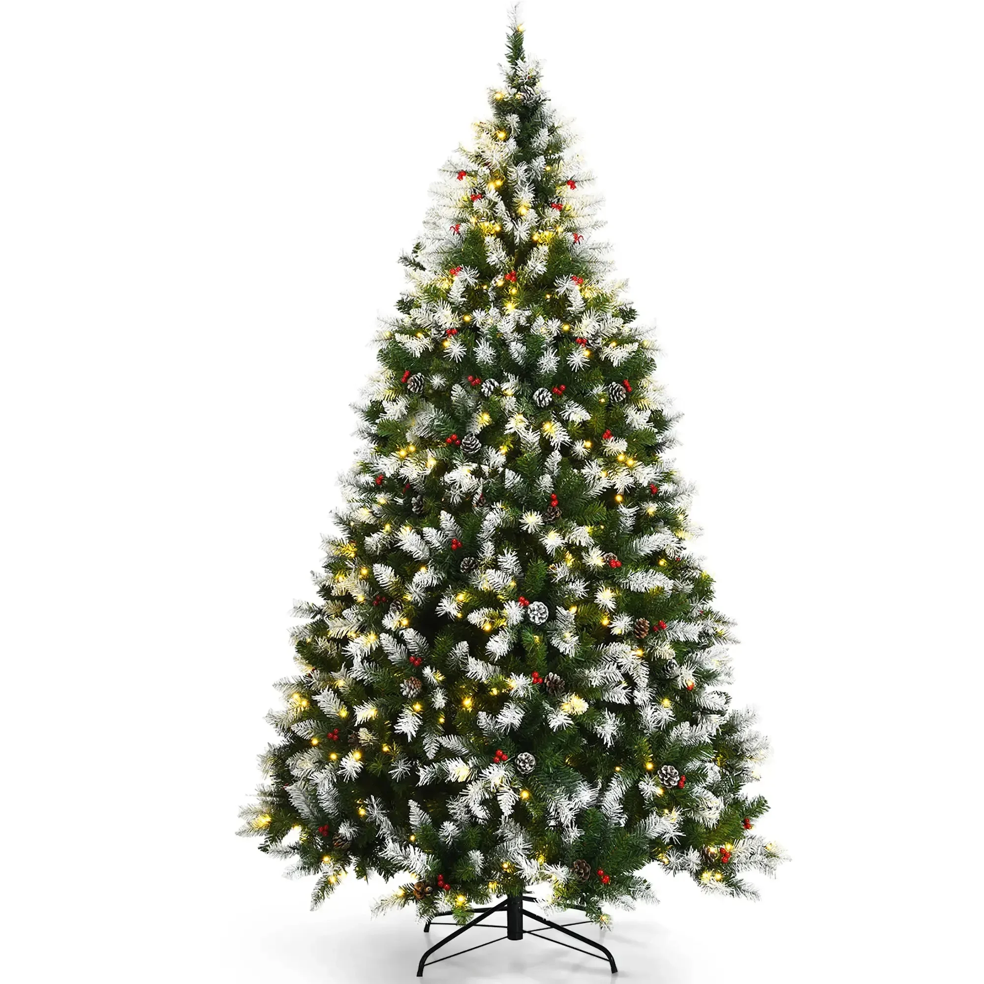 Costway COST00600 7.5ft Pre-lit Snowy Christmas Tree With Pine Cones & Red Berries - Green